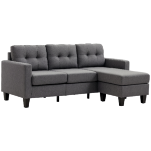 L-shaped Sofa, 3 Seater Couch with Ottoman, Corner Sofa with Thick Padded Cushion and Wood Legs, Dark Grey