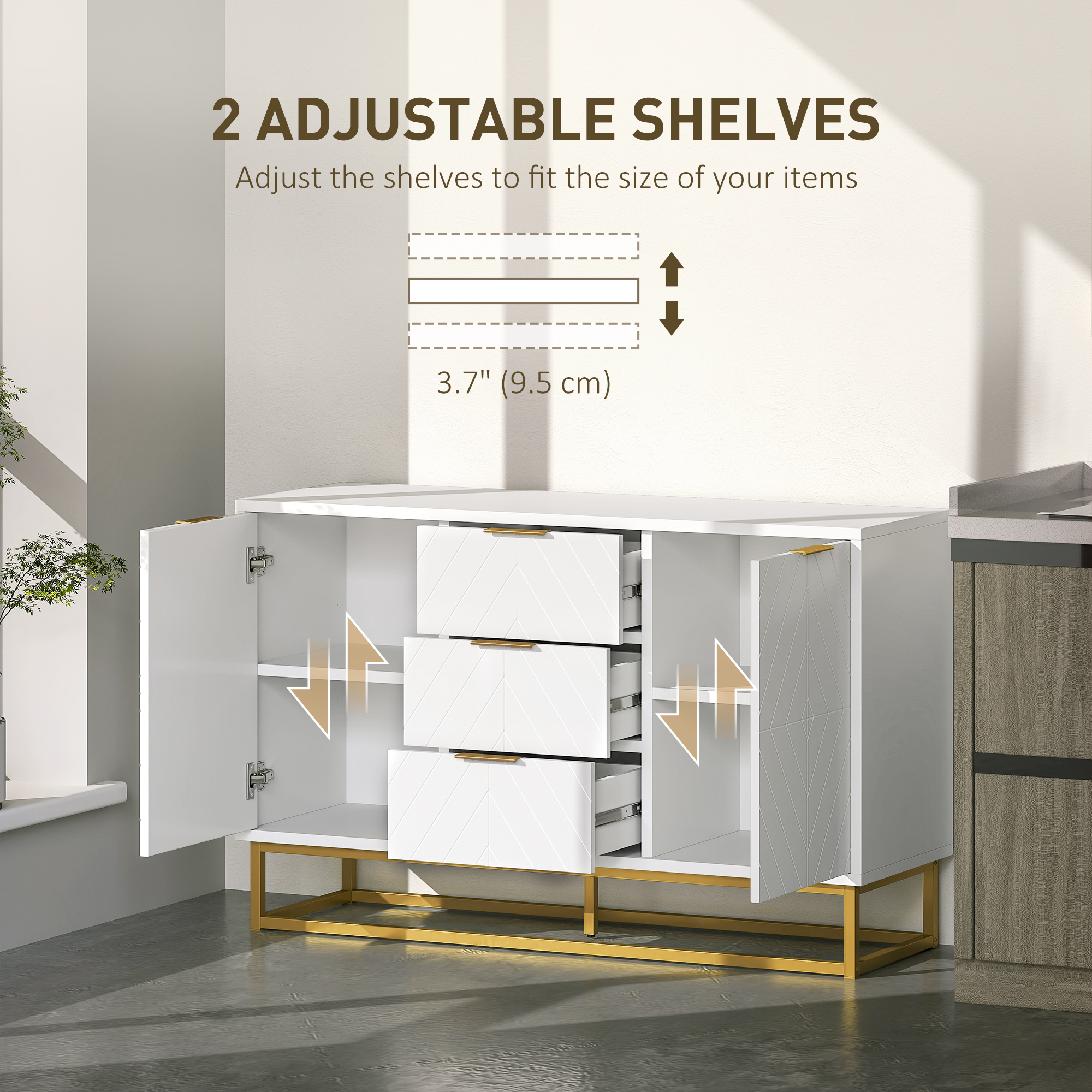 47" Storage Cabinet with Doors, Adjustable Shelves, 3 Drawers, Metal Legs for Kitchen Storage, Home Use, White - Image 4