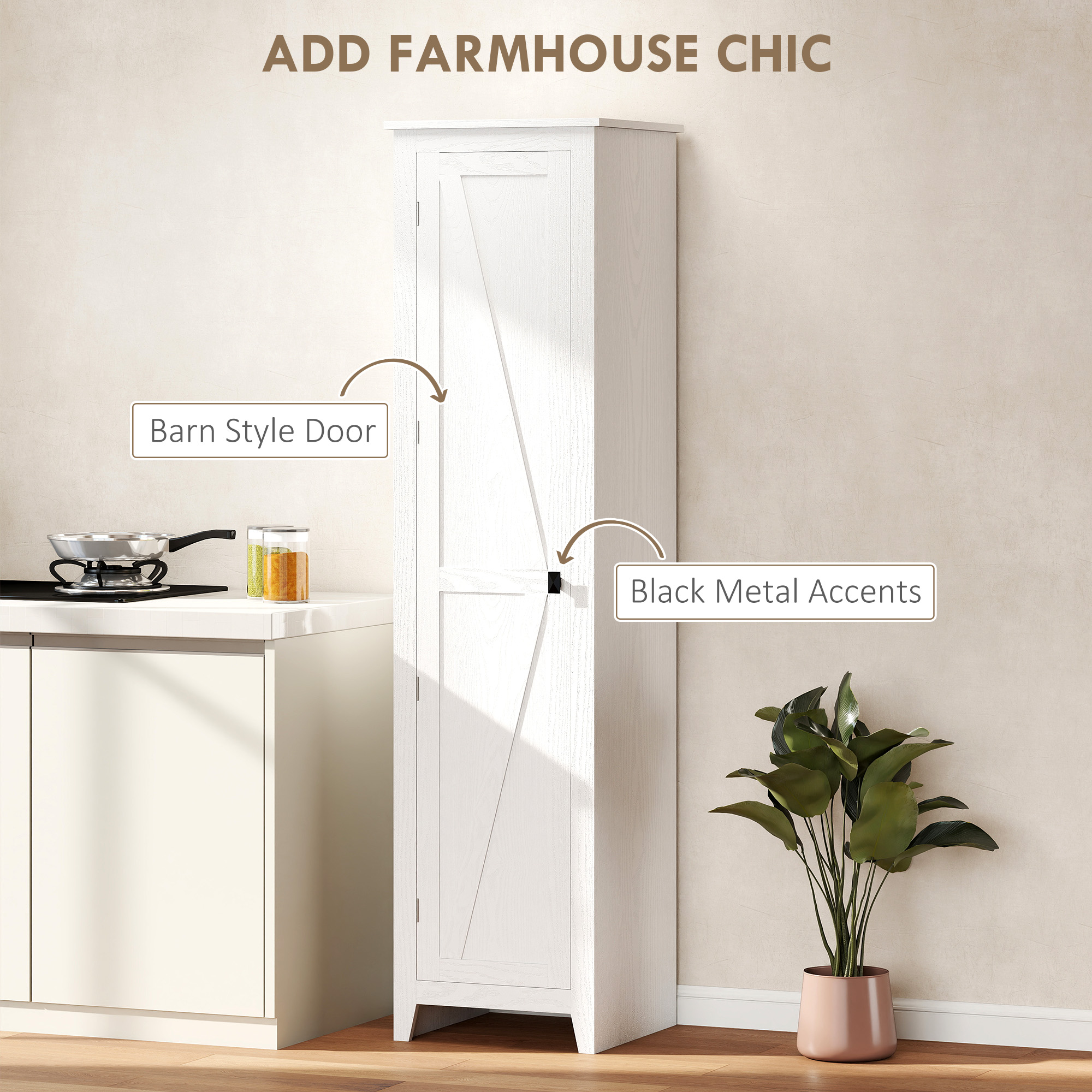 67" Farmhouse Kitchen Pantry Storage Cabinet with Barn Door, Kitchen Pantry Cabinet with Adjustable Shelves, White - Image 4
