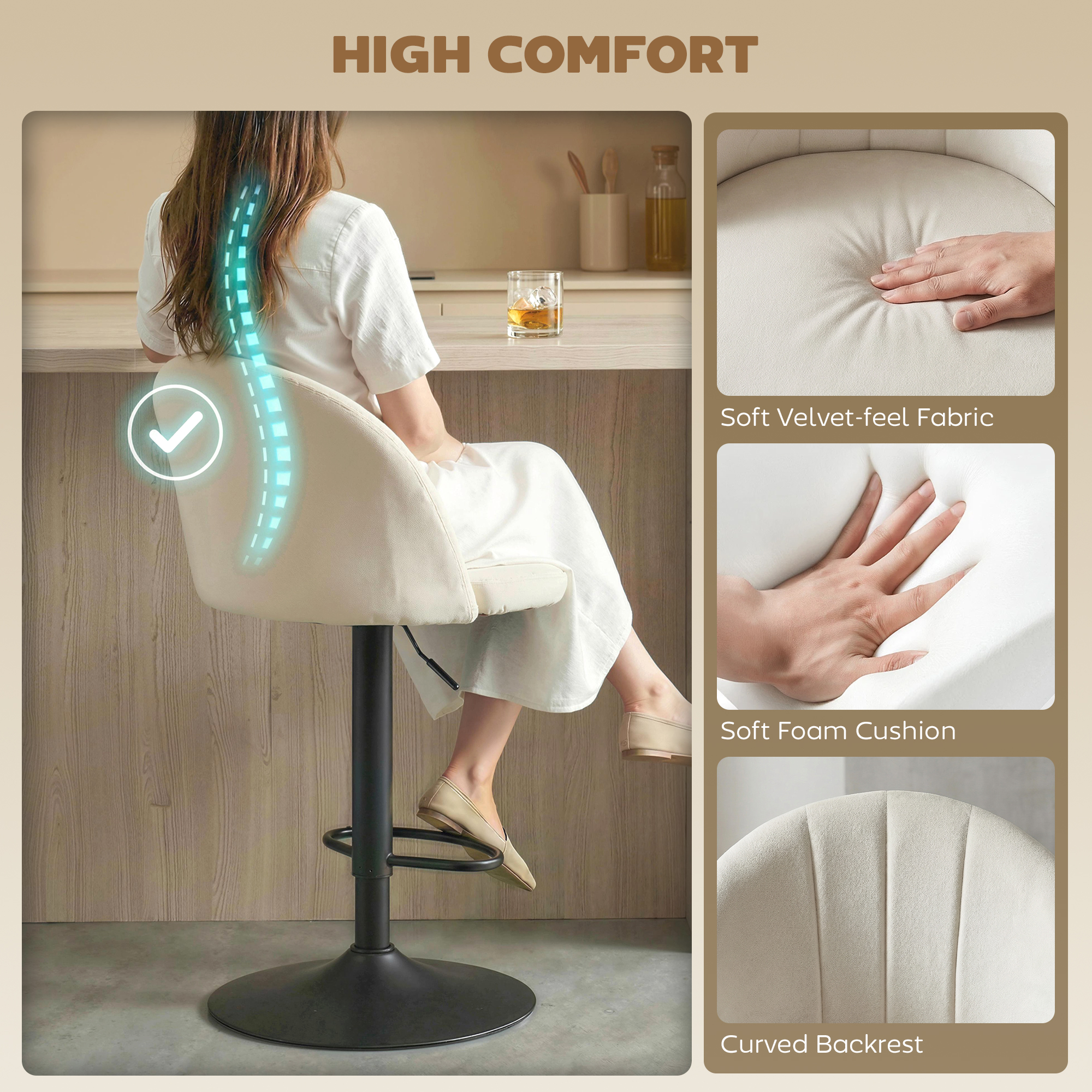 Bar Stools Set of 2, Swivel Counter Height Barstools with Footrest, Cream White - Image 2