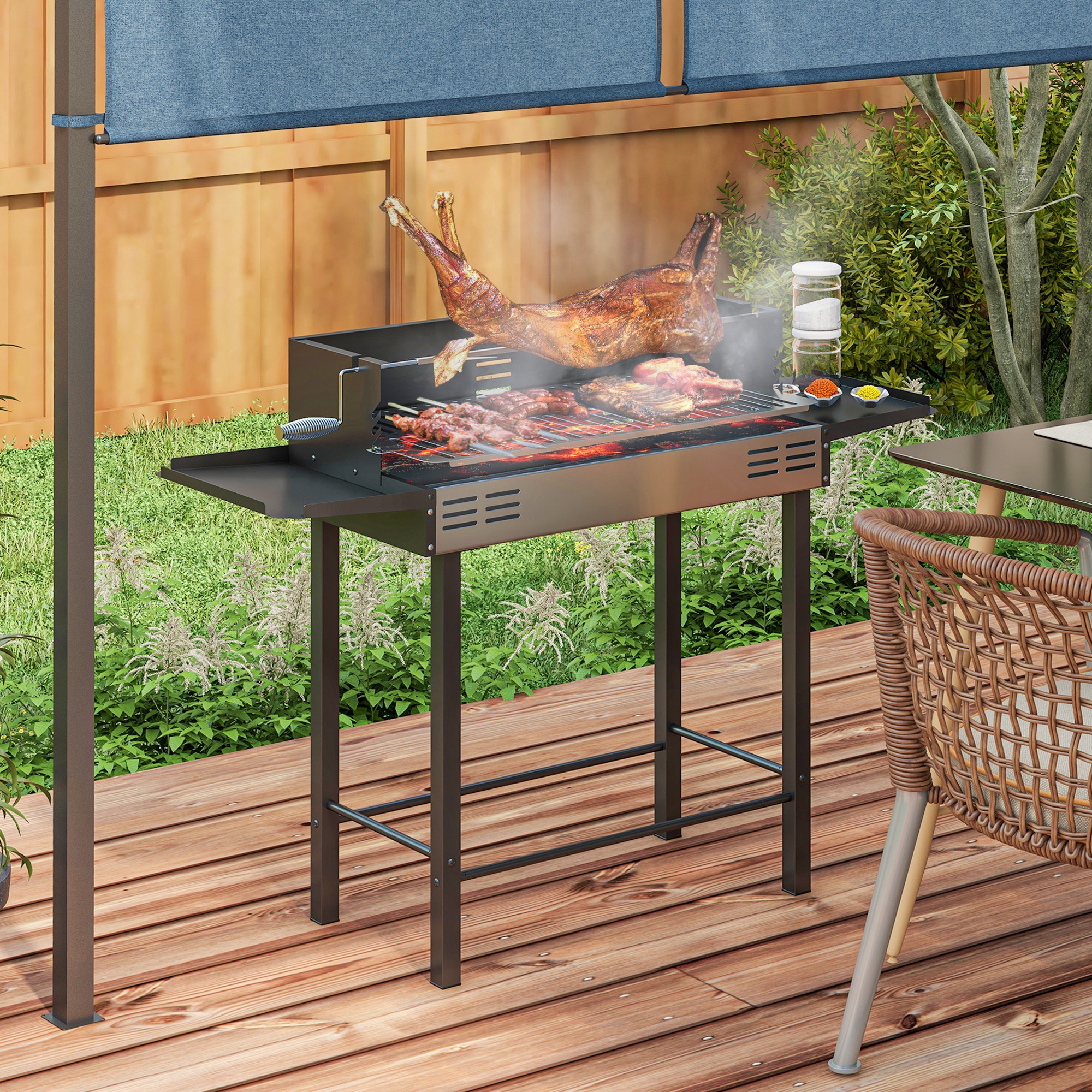 BBQ Rotisserie Grill Charcoal, Split Roaster for Chicken Turkey, 3-Level Grill Grate, Storage Shelves, Stainless Steel - Image 5