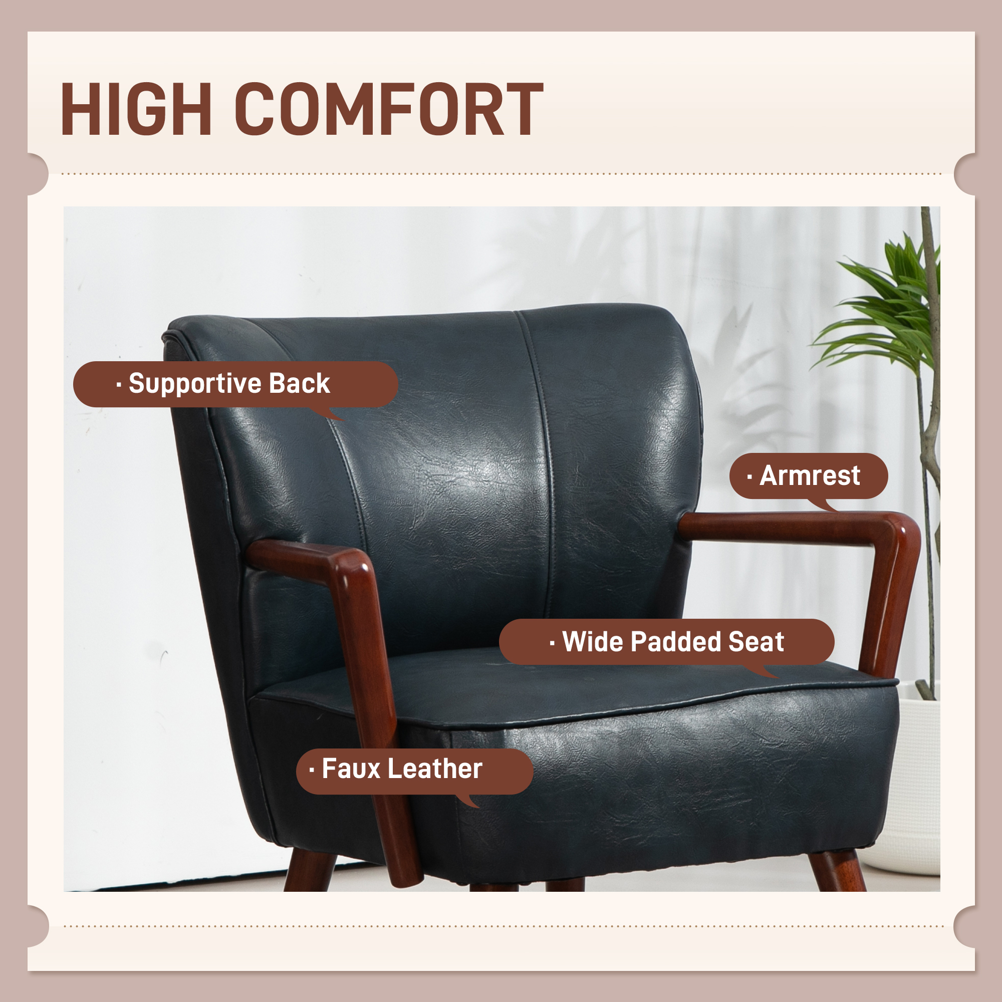 Accent Chair, Modern Armchair, Faux Leather Upholstered Living Room Chair with Wood Legs and Wide Padded Seat, Blue - Image 2