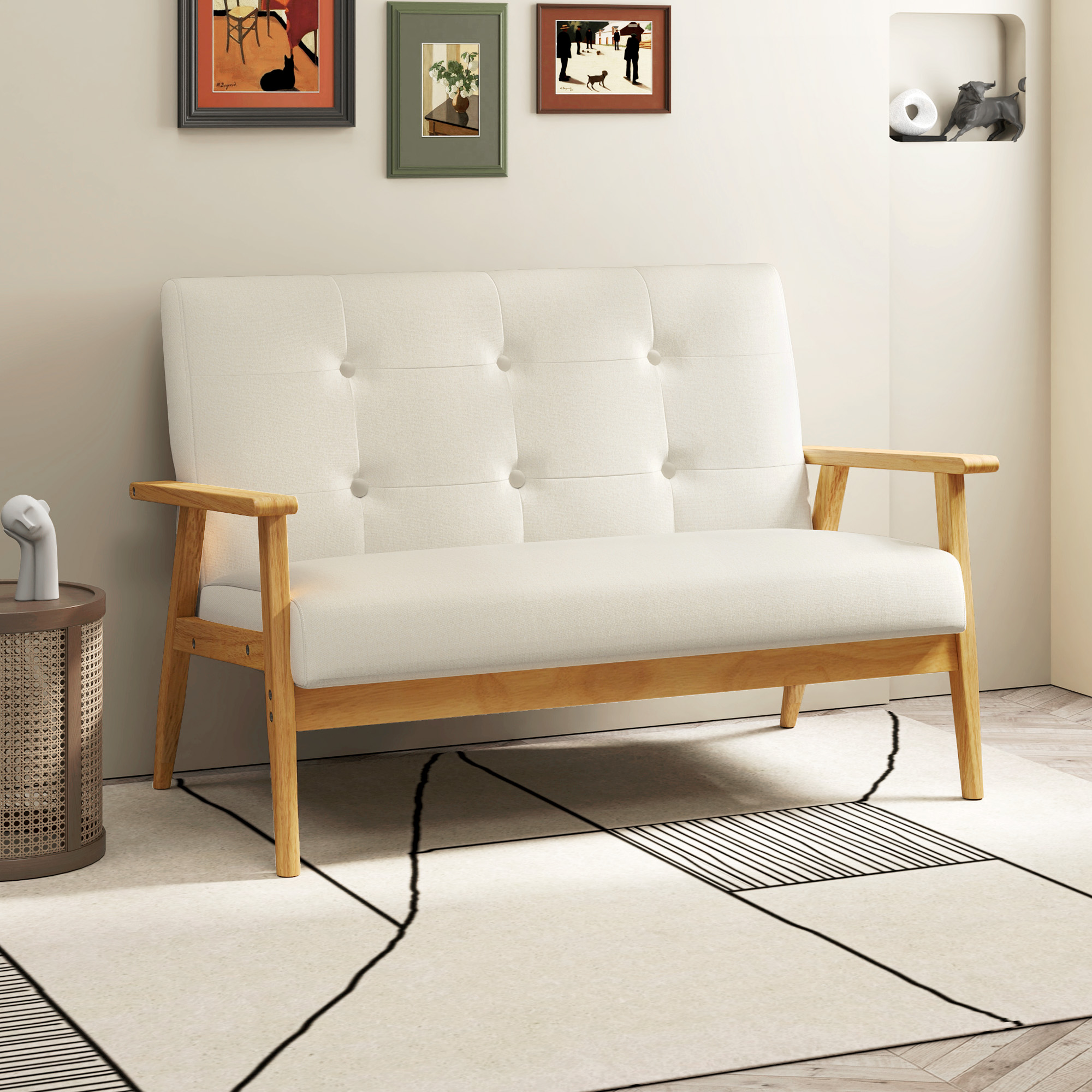 45" 2 Seat Sofa, Upholstered Two Seater Couch with Rubber Wood Legs for Bedroom, Living Room, Beige - Image 6