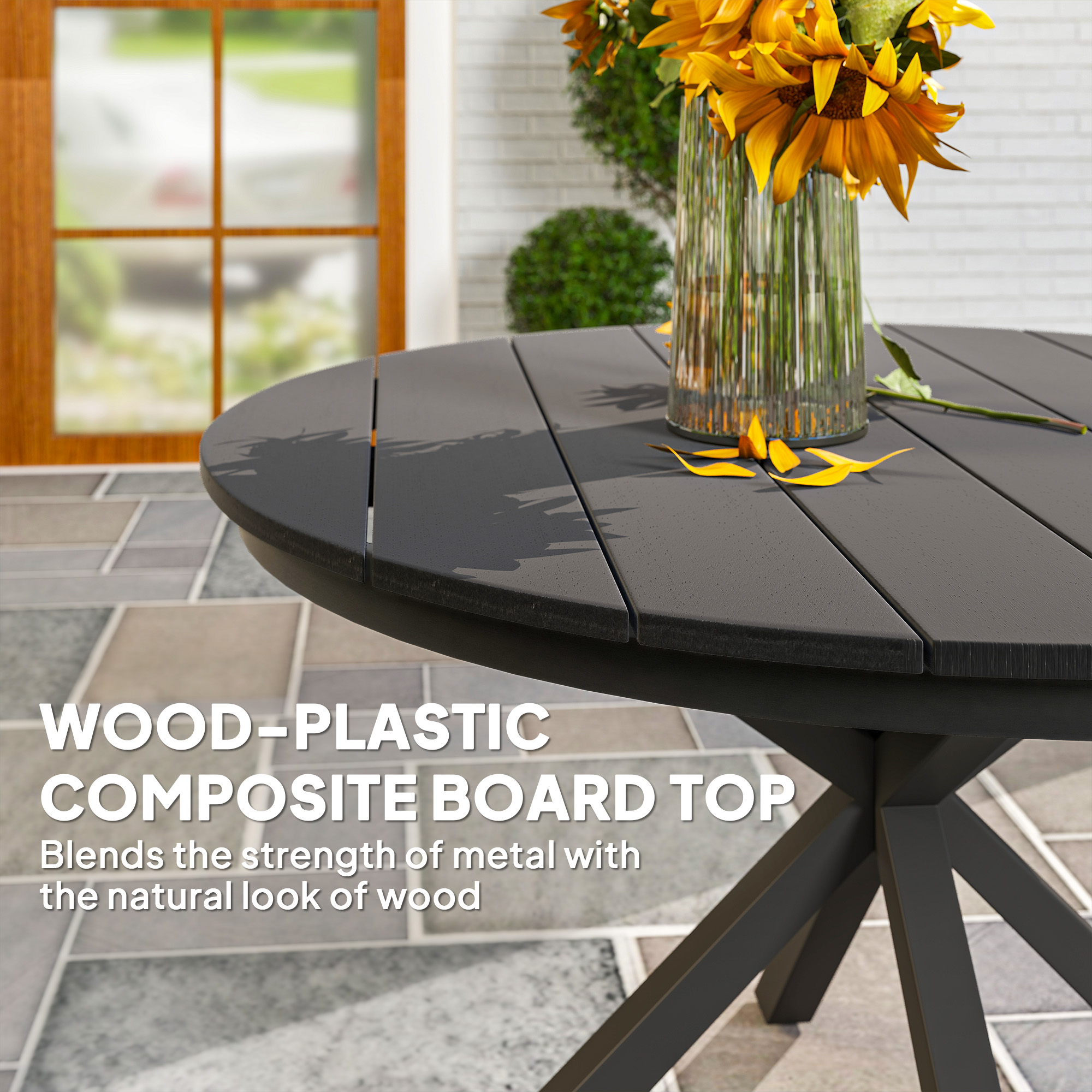 46.5" Outdoor Dining Table for 6, Round Picnic Table with Slatted Top for Balcony, Porch, Black - Image 4