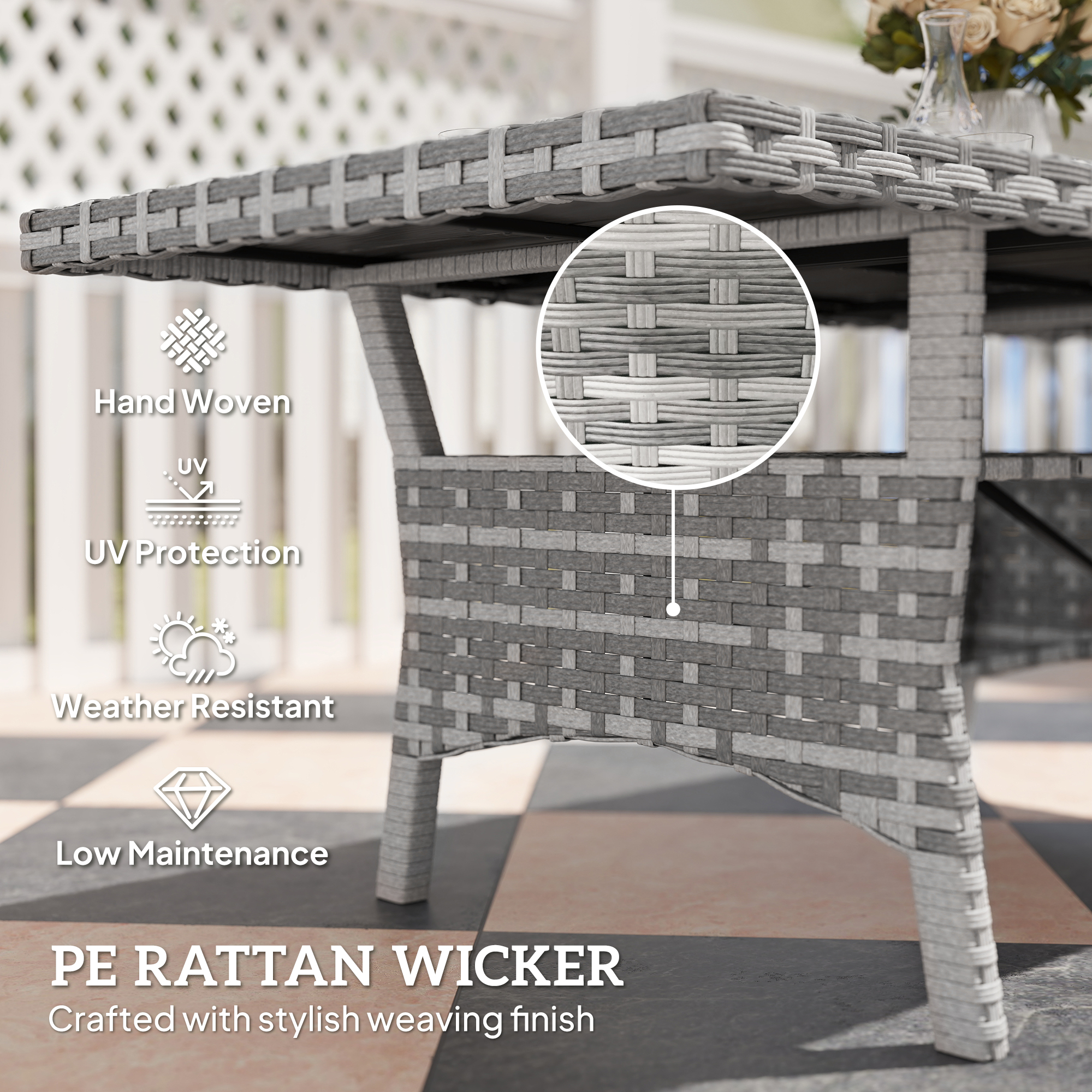 75" Outdoor Dining Table for 6-8, Wicker Patio Table with Storage Shelf and WPC Slatted Top for Balcony, Grey - Image 3