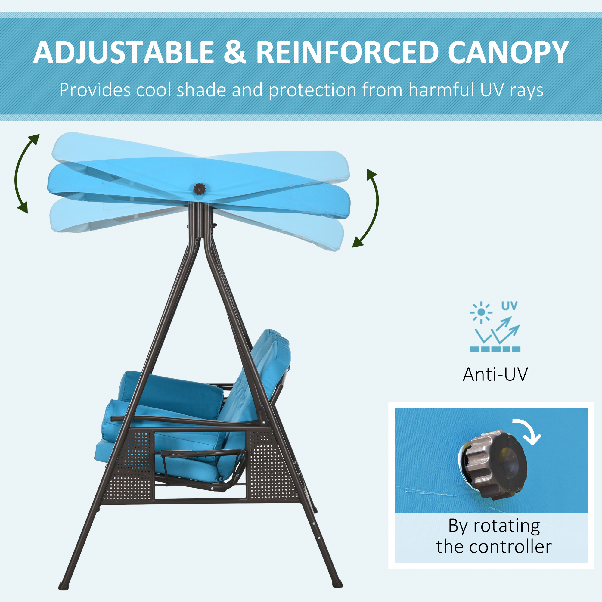 Outdoor Patio 3-Person Steel Canopy Cushioned Seat Bench Swing with Included Side Trays & Padded Comfort, Light Blue - Image 2