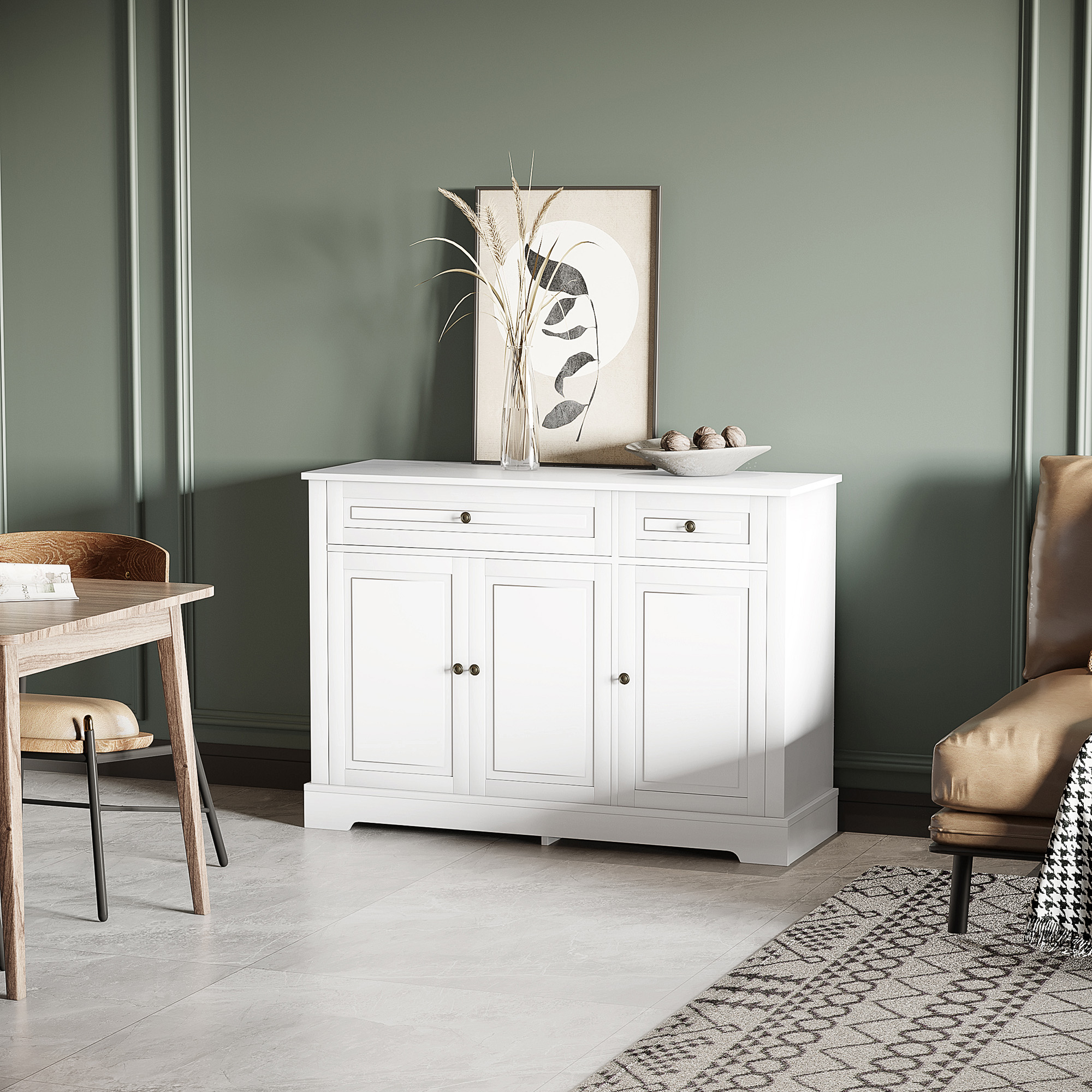 Modern Sideboard Cabinet, Buffet Cabinet with 2 Drawers and Adjustable Shelves, Buffets Tables for Dining Room, White - Image 6
