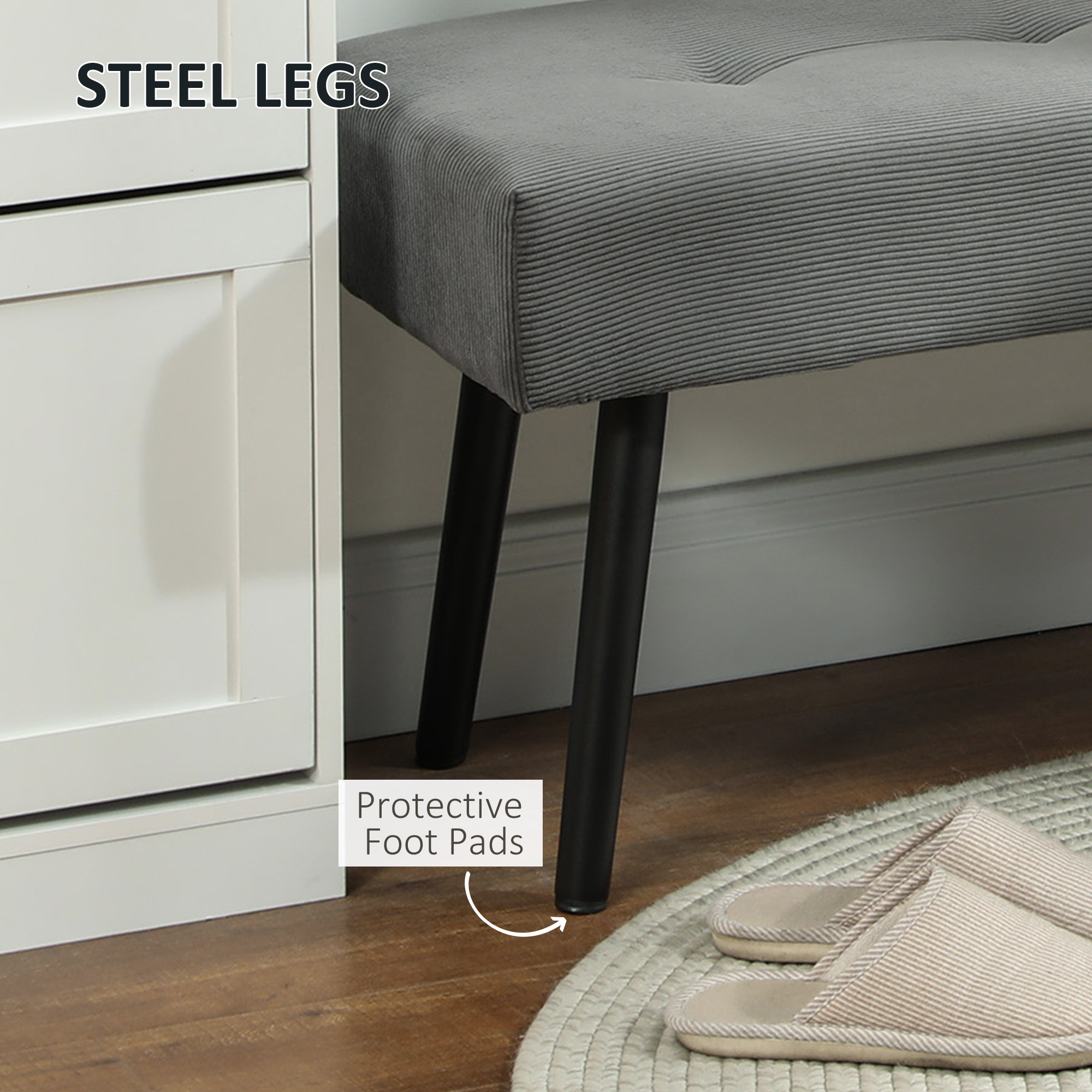 39" Upholstered Ottoman Bench, Corduroy Entryway Bedroom Bench with Padded Seat and Steel Legs for Bedroom, Grey - Image 3