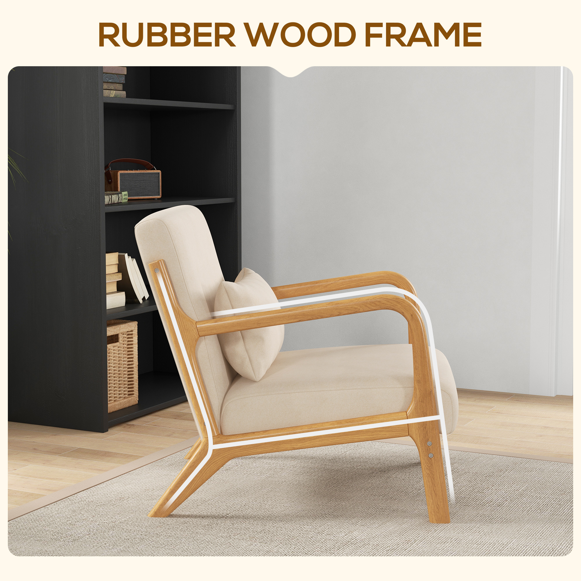 Fabric Lounge Chair, Velvet Armchair, Retro Accent Chair with Wood Legs and Thick Padding for Bedroom, Beige - Image 3