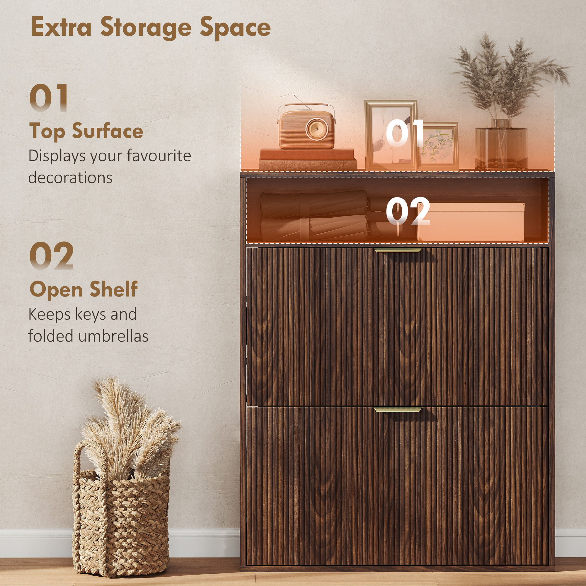 Shoe Cabinet with 2 Flip Drawers Narrow Shoe Storage Cabinet with Top Shelf for Entryway Hallway Coffee - Image 5