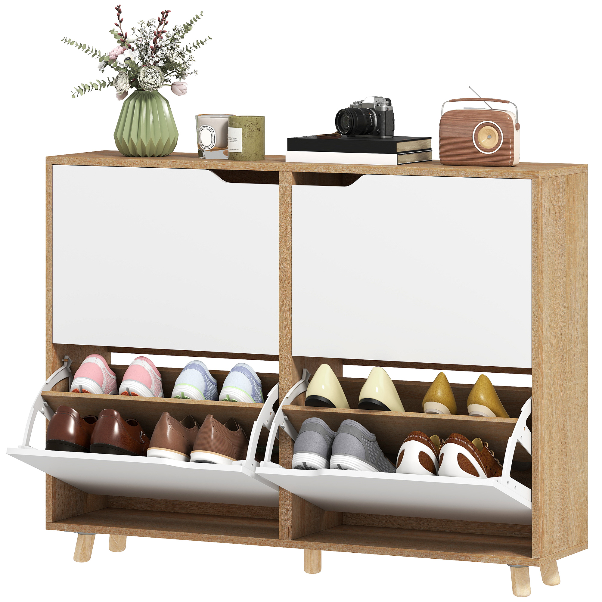 Narrow Shoe Cabinet, Shoe Storage Cabinet with 4 Flip Drawers and Adjustable Shelves for 16 Pairs of Shoes, White