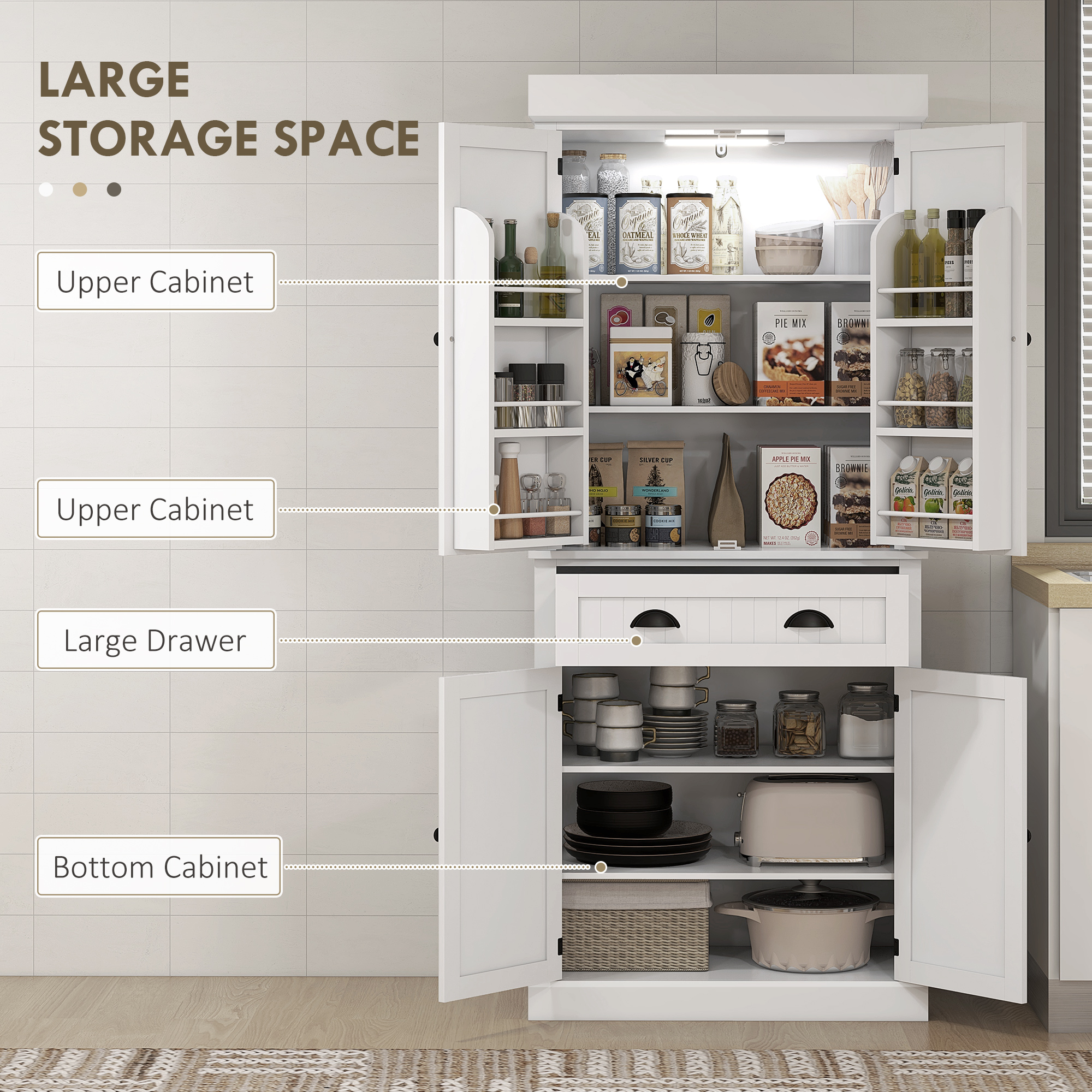 71" Kitchen Pantry Cabinet with LED Lights, 6 Spice Racks, a Drawer and 4 Adjustable Shelves, White - Image 2
