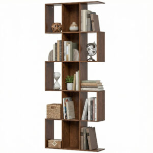 5-Tier Bookshelf, S Shaped Geometric Bookcase with 15 Compartments, Brown Wood Grain