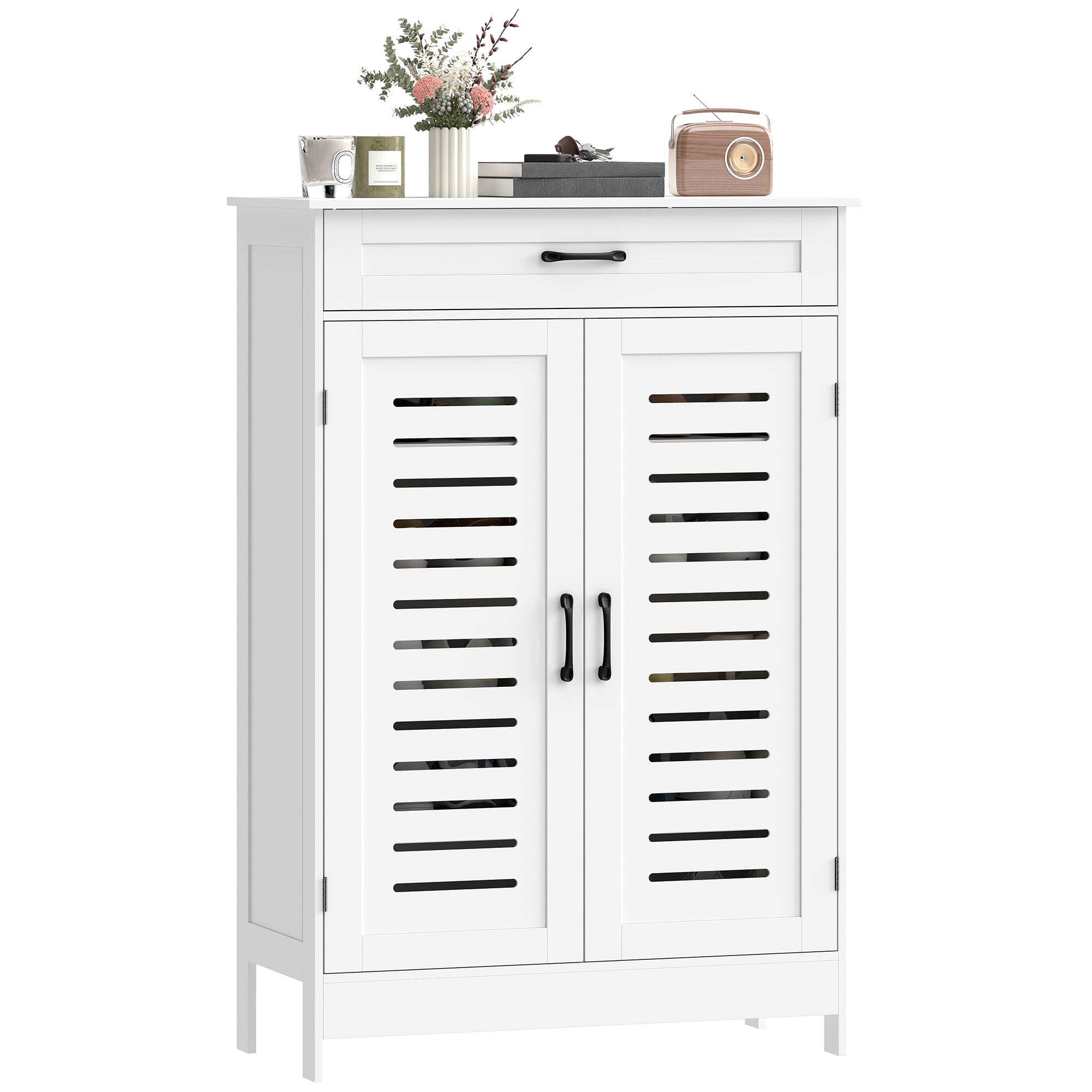 Shoe Cabinet with Louvered Doors, Modern Shoe Storage Cabinet with Drawer and Adjustable Shelves, White