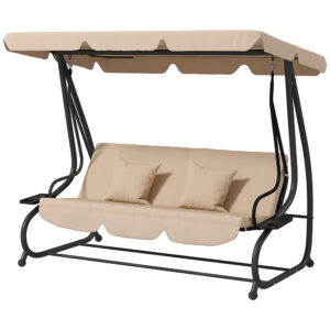 3-Seat Outdoor Patio Swing Chair, 2-in-1 Convertible Flat Bed, Canopy Swing with Adjustable Shade, Removable Cushions, Cup Holder, Light Brown