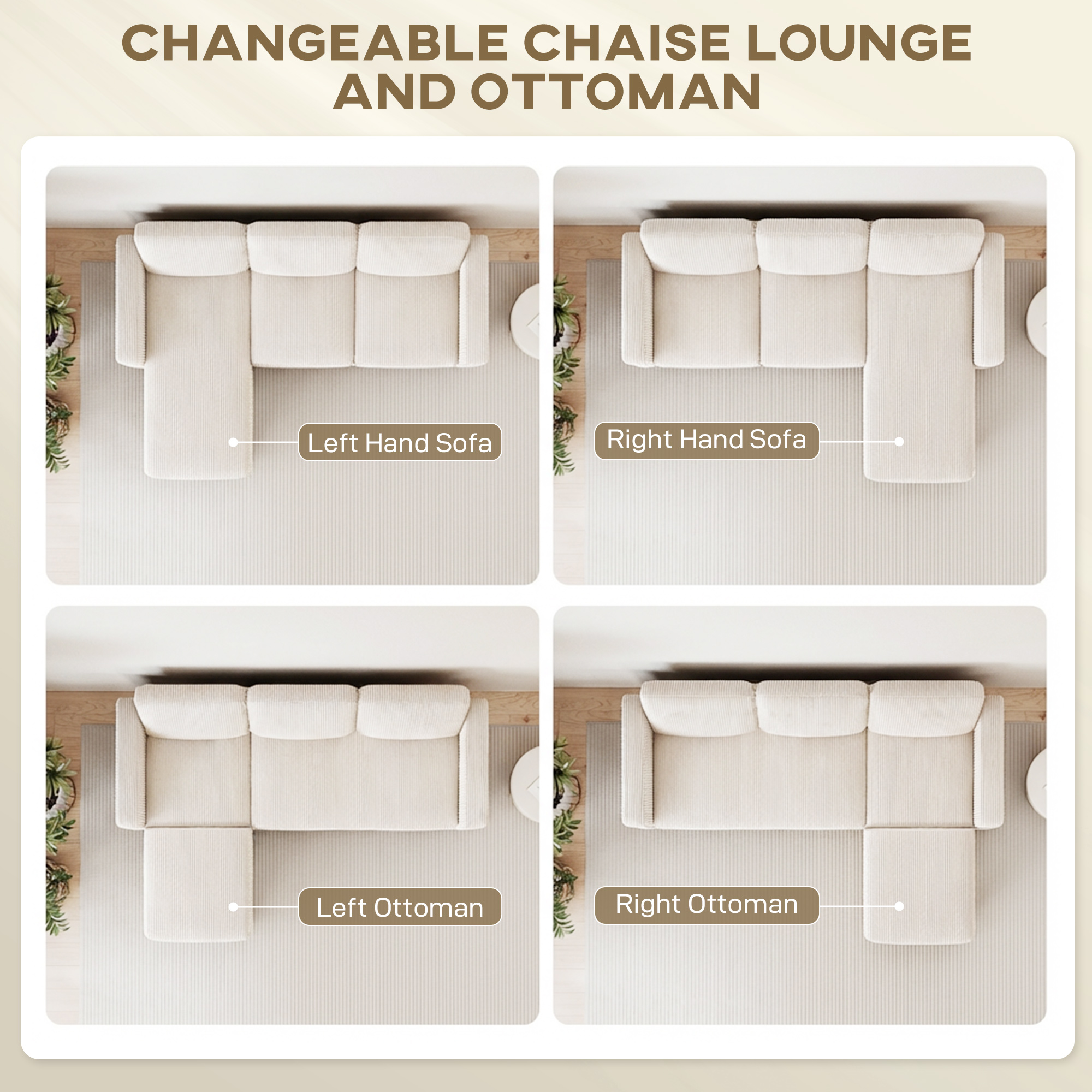 Sectional Sofa, L Shaped Couch, with Changeable Chaise or Ottoman, Cream White - Image 2
