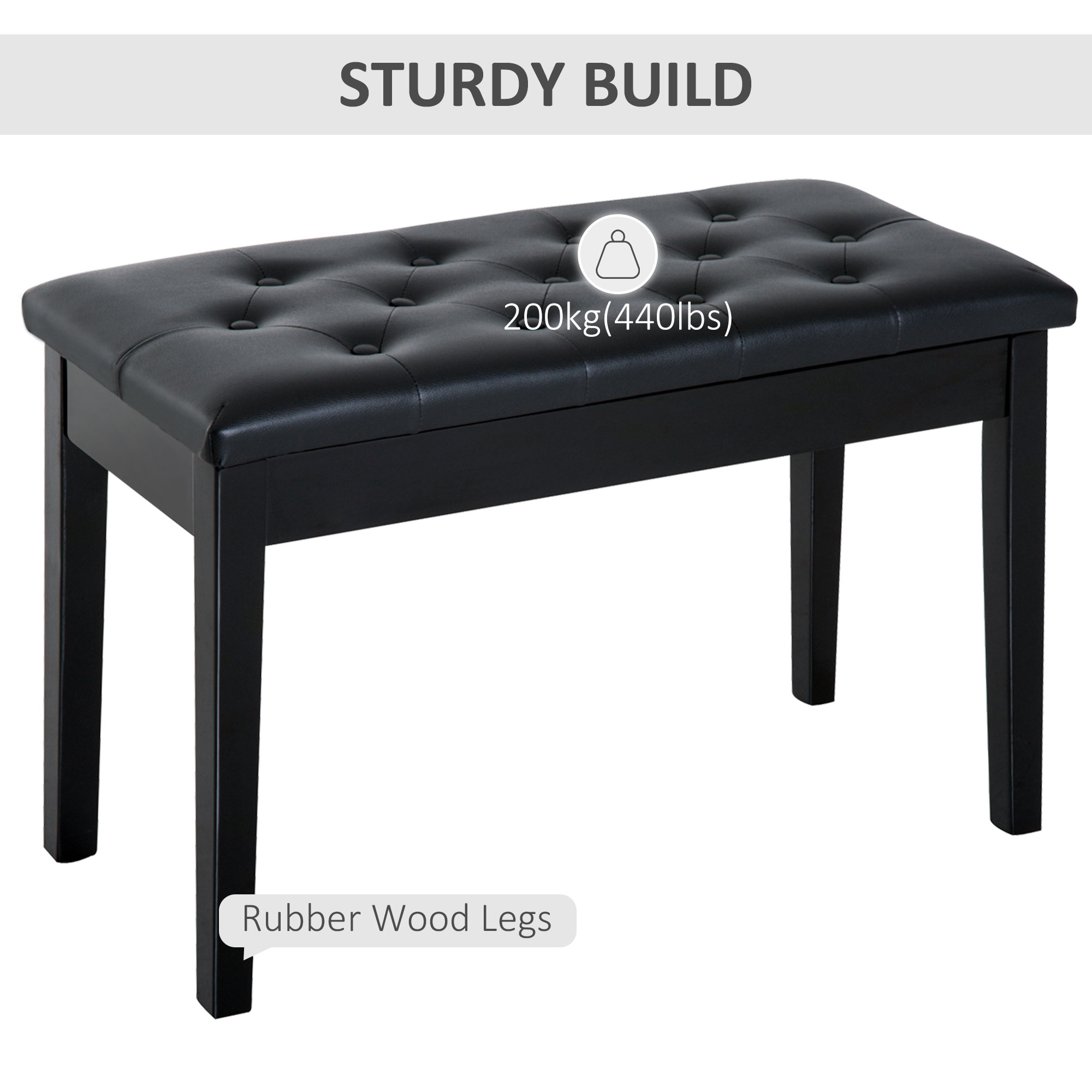 30" Piano Bench with Padded Cushion and Storage, Faux Leather Keyboard Bench with Solid Wood Legs, Black - Image 5