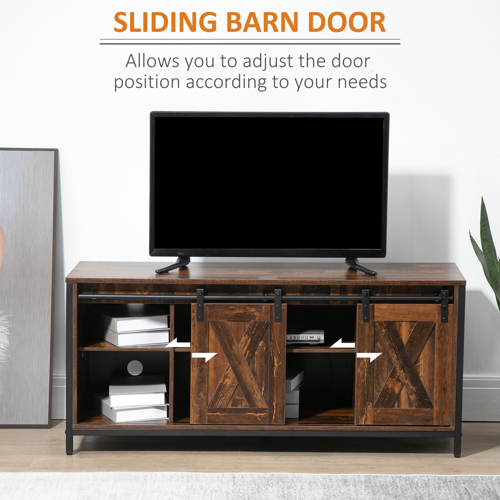 Industrial TV Stand for TVs up to 60", TV Console with Storage and 2 Sliding Barn Doors, Freestanding Entertainment Unit for Living Room, Bedroom, Brown - Image 4