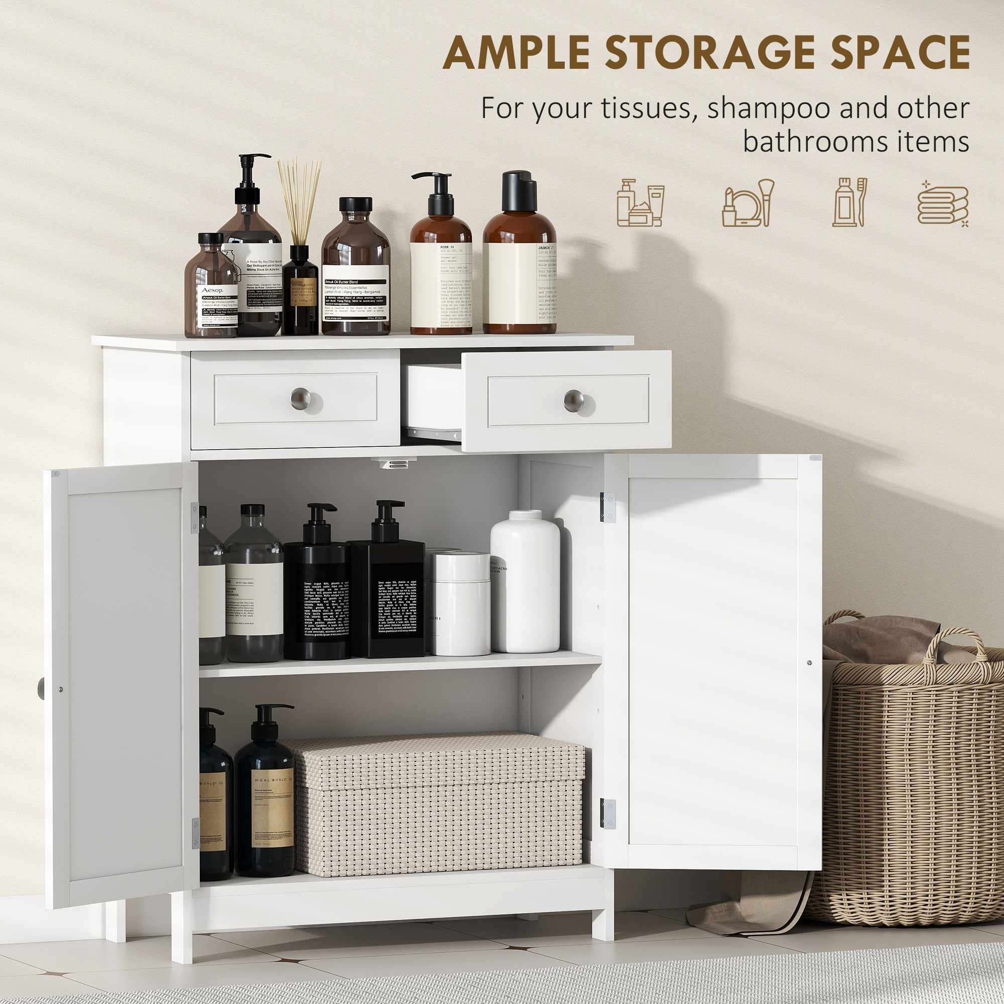 Freestanding Bathroom Floor Cabinet, Organizer Floor Tower with 2 Door, 2 Drawers, Adjustable Shelf, White - Image 2