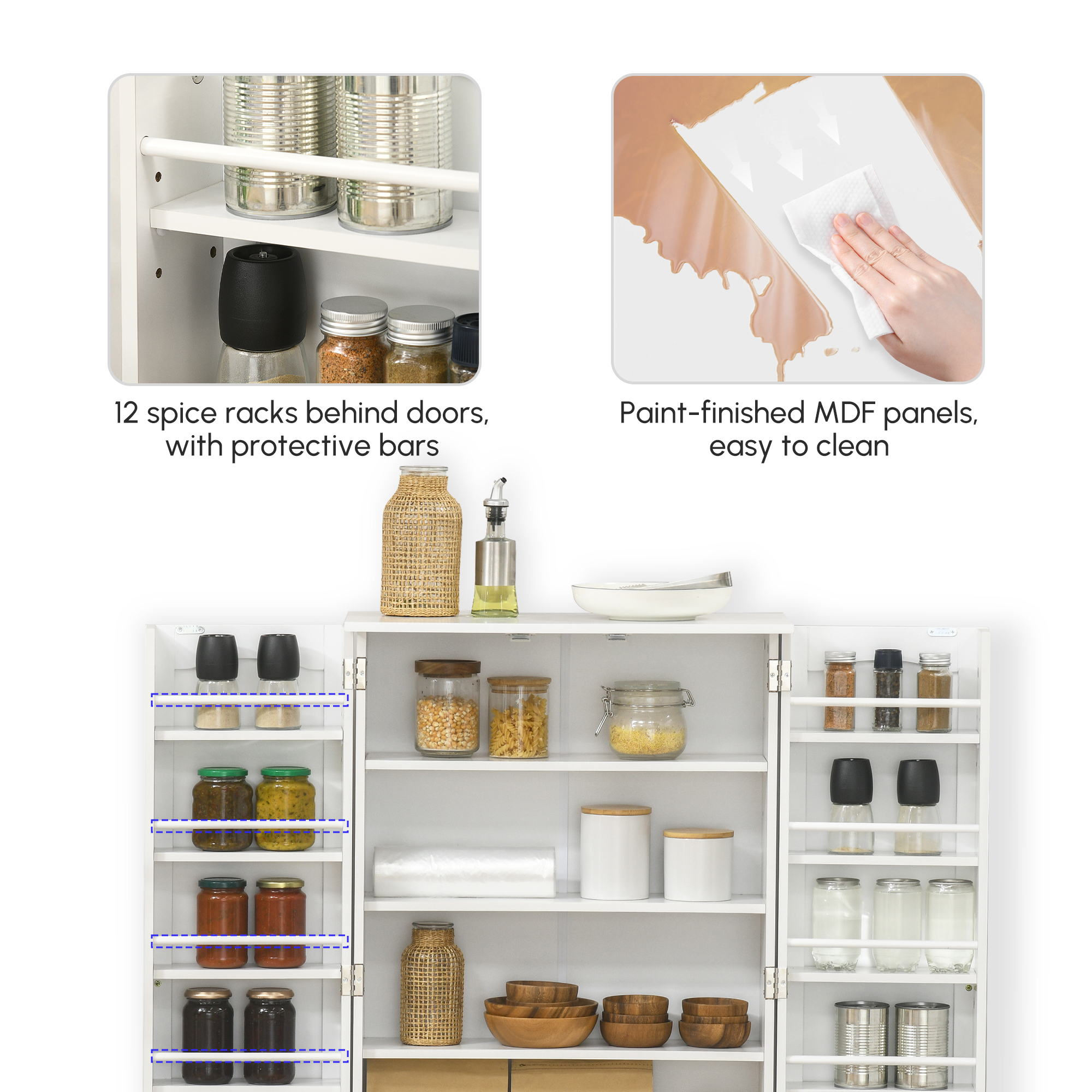 Freestanding Pantry Cabinet 41 Inch Kitchen Pantry with Spice Racks and Adjustable Shelves for Home Use, White - Image 3