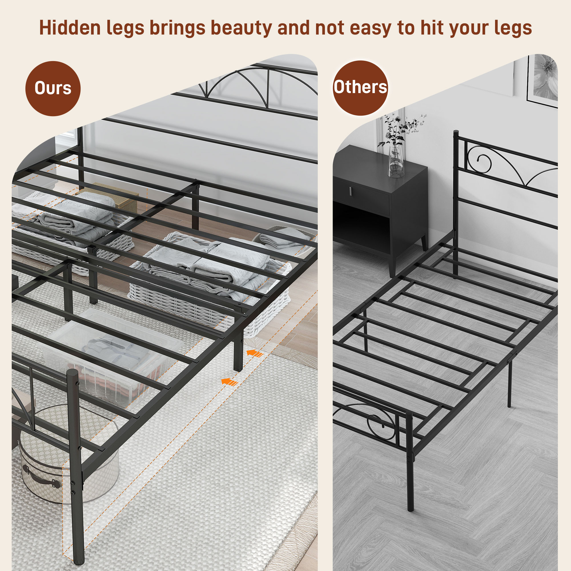 Metal Queen Platform Bed Frame with Headboard, Steel Slat Support, Underbed Storage, No Box Spring Needed, Easy Assembly - Image 5