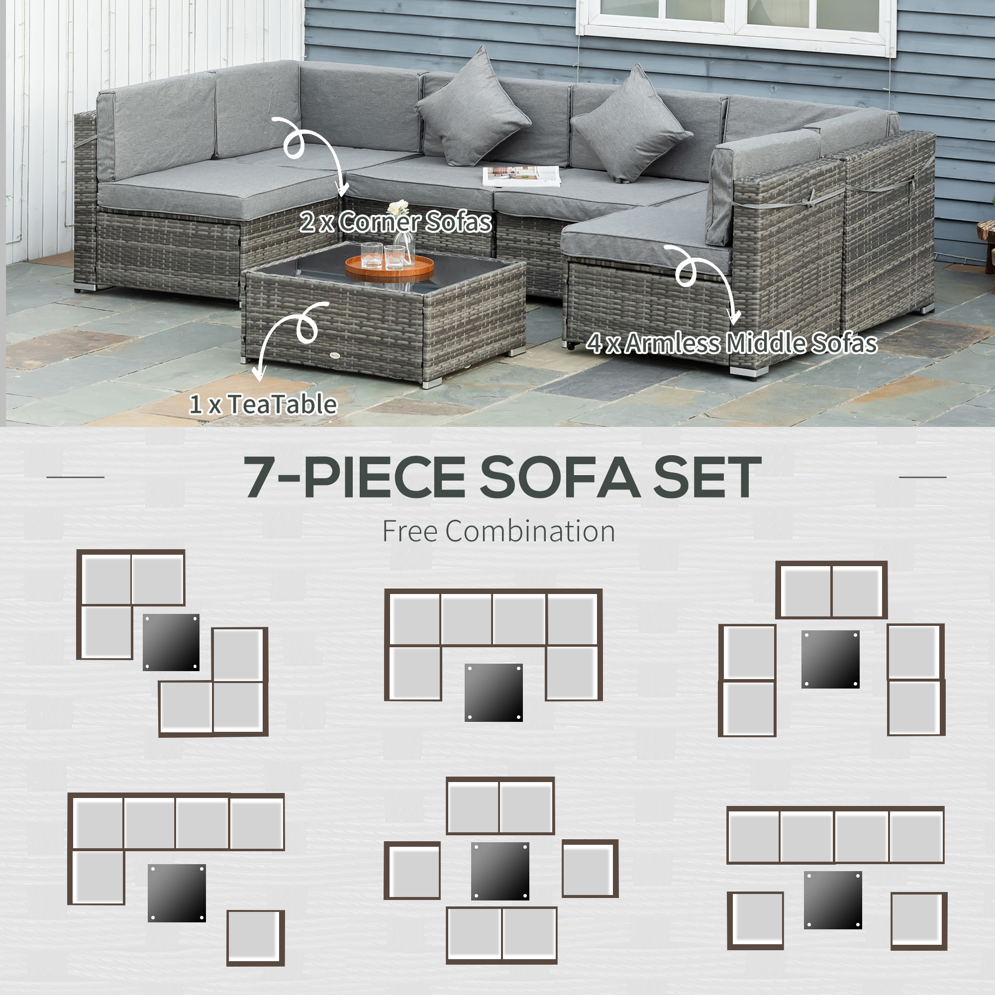 7pc Garden Wicker Sectional Set with Tea Table Patio Rattan Lounge Sofa Outdoor Deck Furniture Light Grey - Image 4