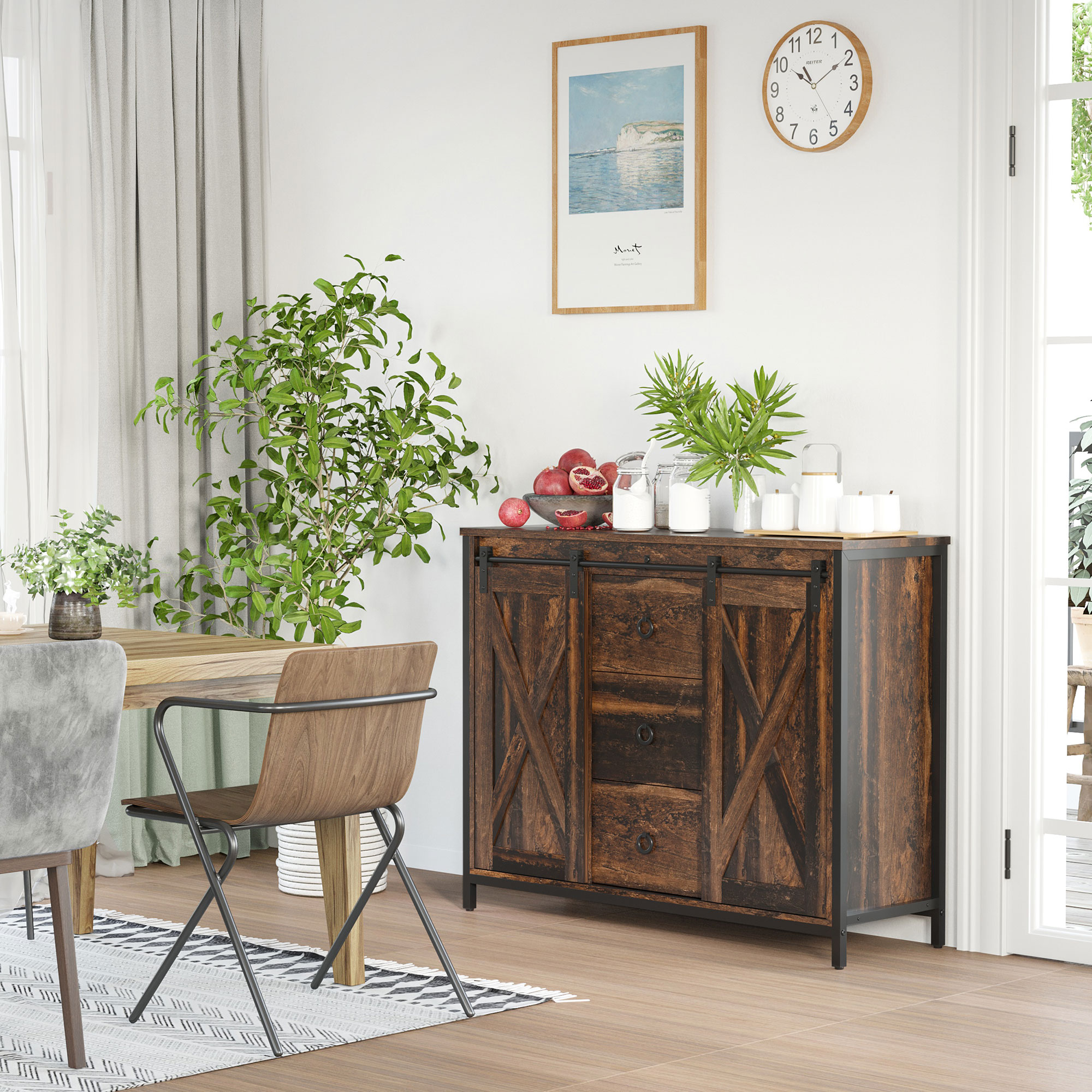 Industrial Buffet Cabinet, Kitchen Sideboard with Sliding Barn Doors, Three Drawers and Adjustable Shelves, Rustic Brown - Image 6