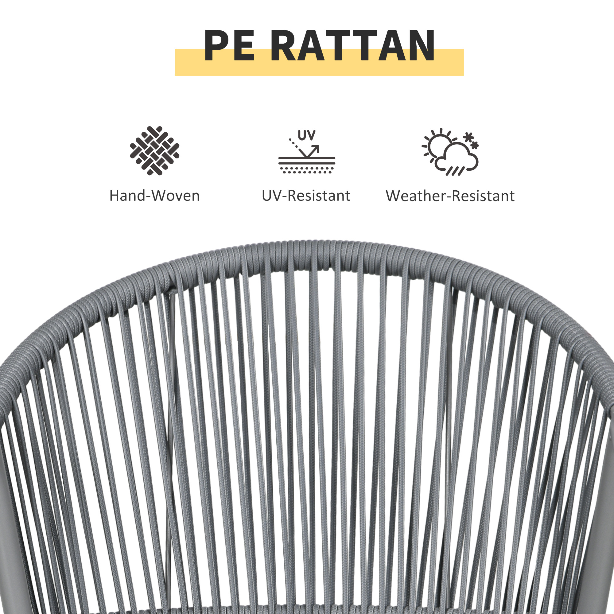 3-Piece Rattan Bistro Set, Garden Seating Group with 2 Armchairs and Coffee Table, Balcony Furniture Set, Grey - Image 4