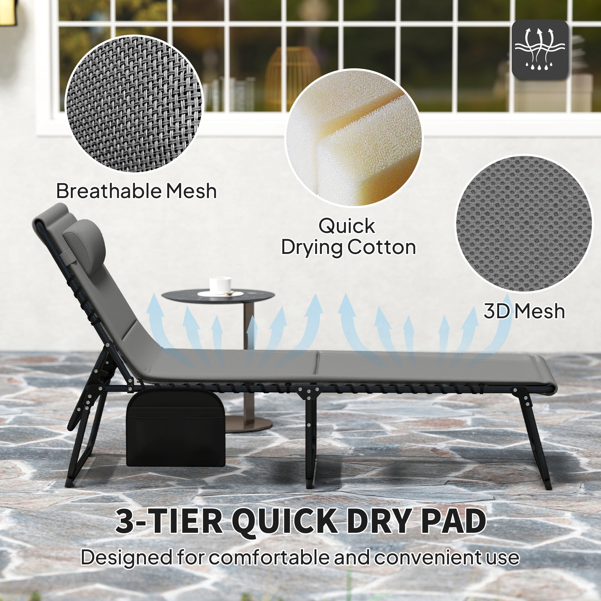 Folding Chaise Lounge Chair Set of 2, Reclining Outdoor Lounge Chair Set with Quick Drying Pad Headrest Side Pocket, Tanning Chair Set for Beach Garden Pool, Light Grey - Image 4