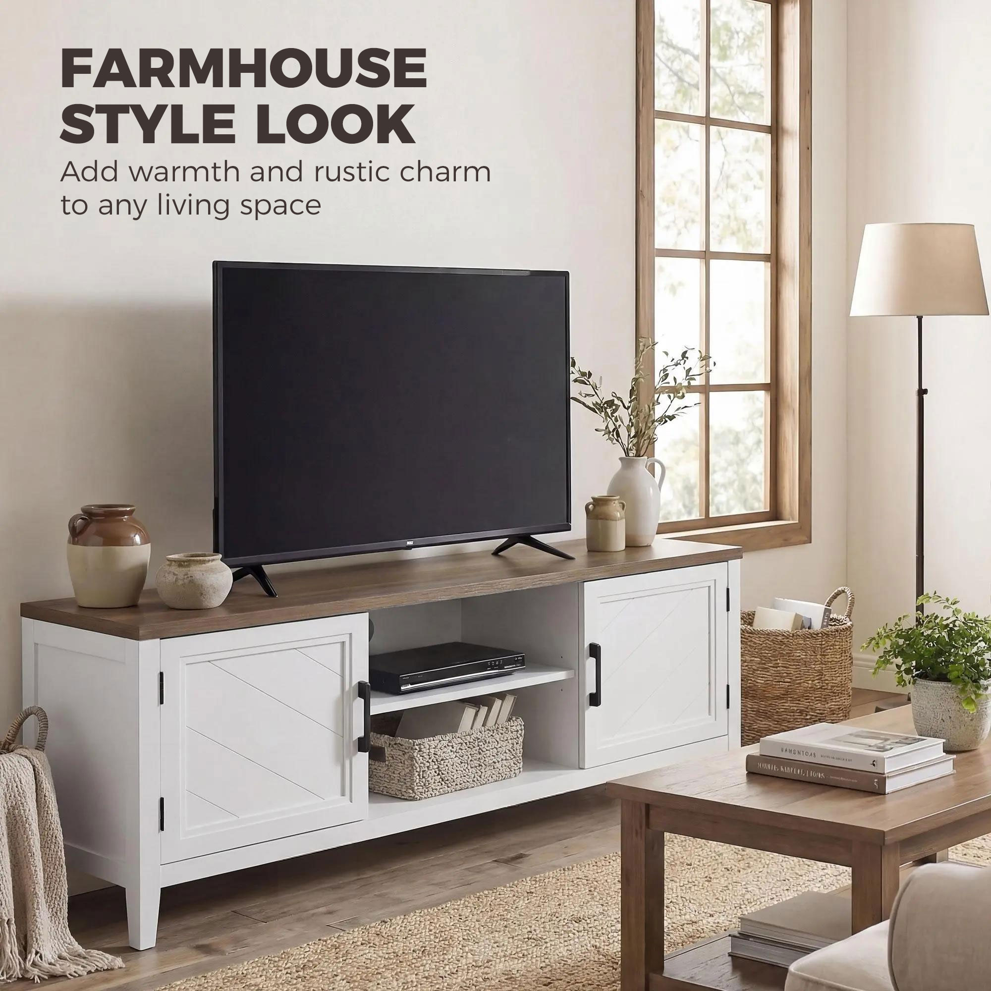 TV Stand for TVs up to 65 Inch, Entertainment Center with 2 Open Shelves, 2 Cabinets, Thick Top, White and Brown - Image 2