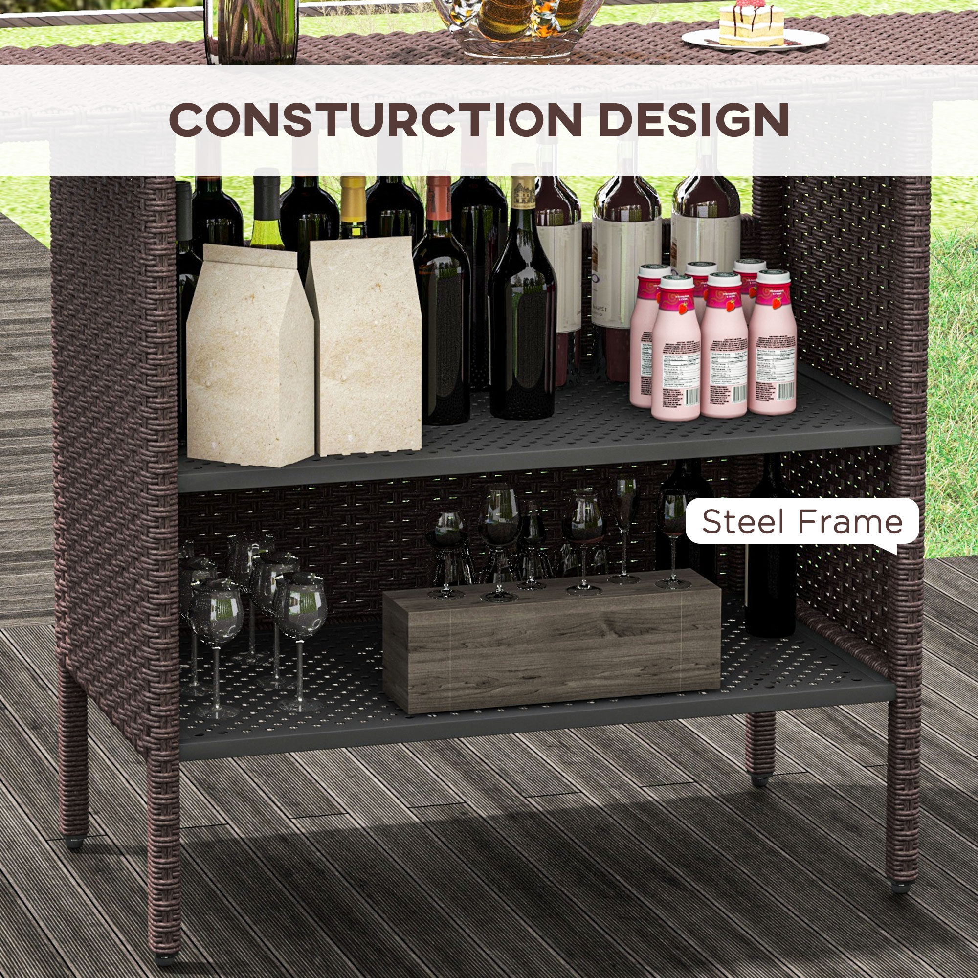 Bar Height Outdoor Rattan Table, Patio Wicker Bar Table with 2 Storage Shelves, 55.1" x 18.5" x 37", Brown - Image 5