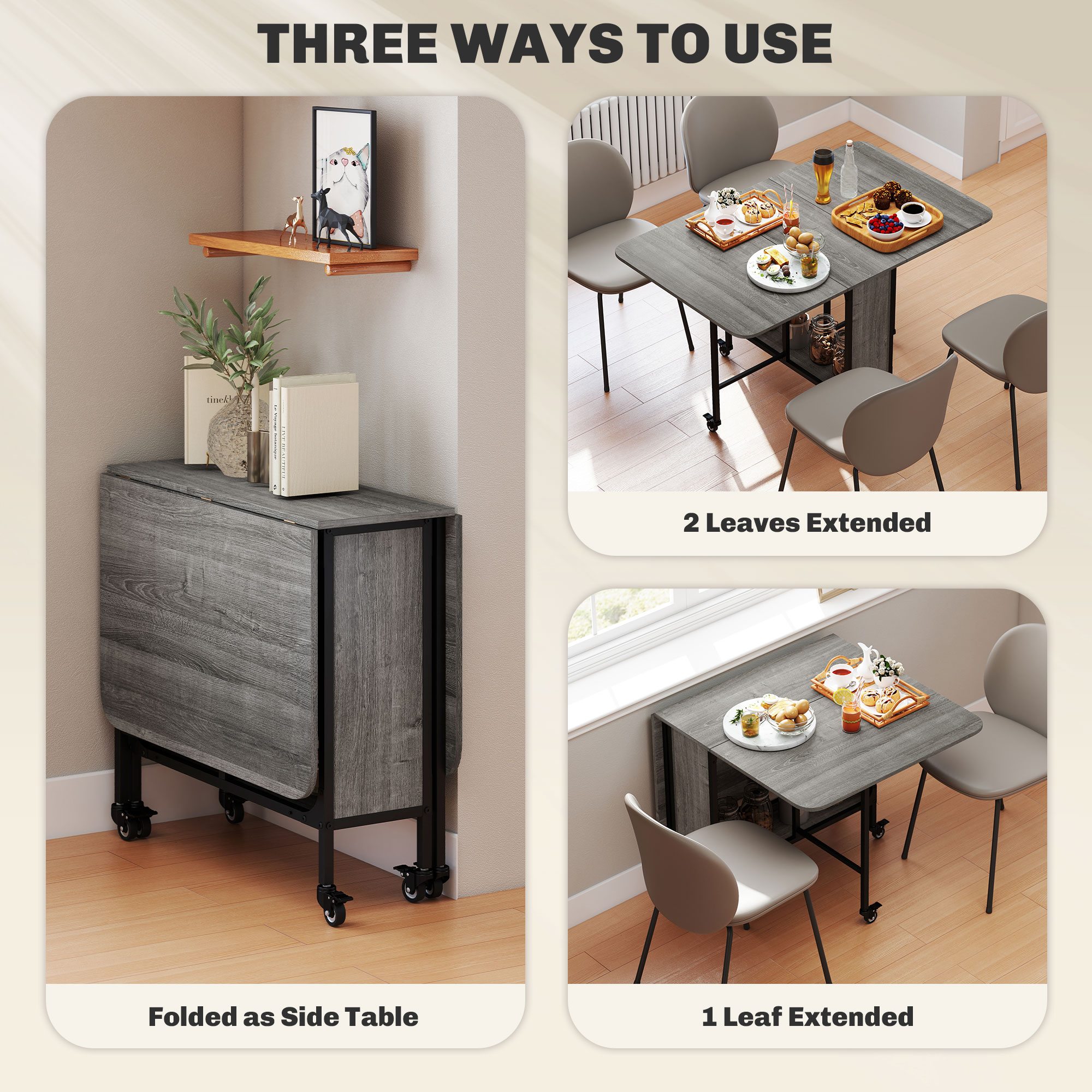 Folding Dining Table, Extendable Kitchen Table for Small Spaces with Storage Shelf and 6 Wheels, Distressed Grey - Image 2