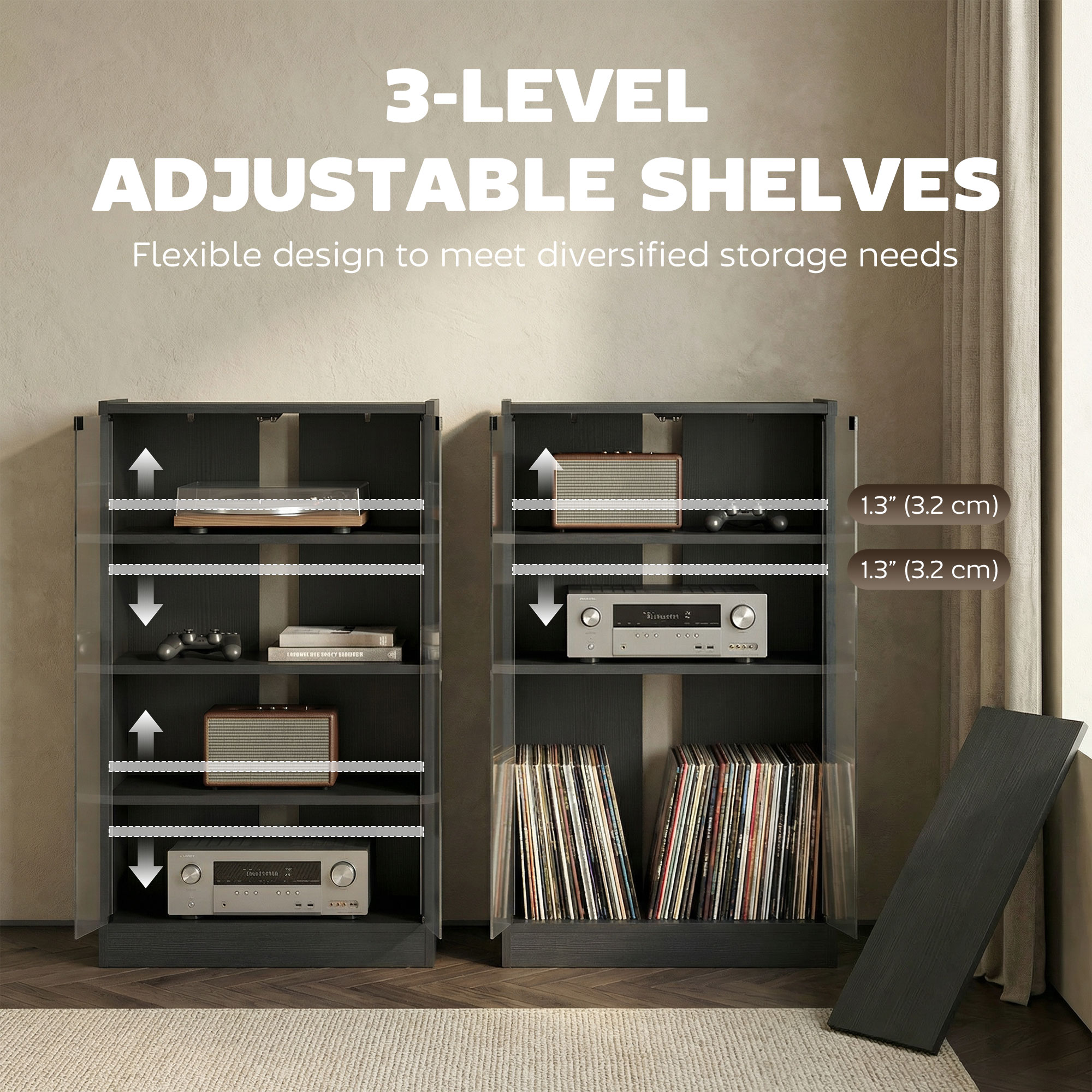 5-Tier AV Media Stand with Push to Open Glass Doors, Audio-Video Storage Cabinet with Adjustable Shelves for DVD Players, Games Consoles, Routers, Distressed Black - Image 4
