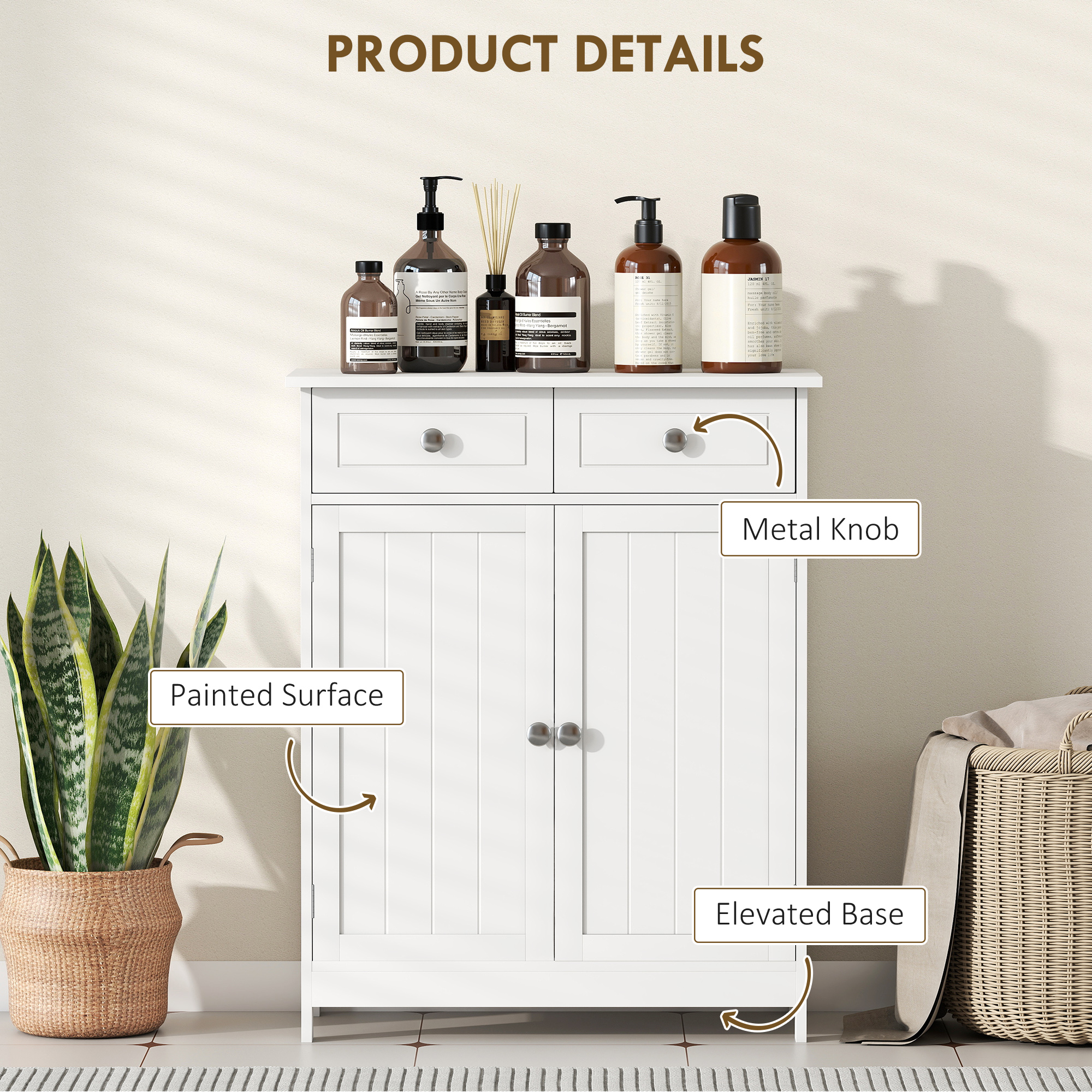 Freestanding Bathroom Floor Cabinet, Organizer Floor Tower with 2 Door, 2 Drawers, Adjustable Shelf, White - Image 4