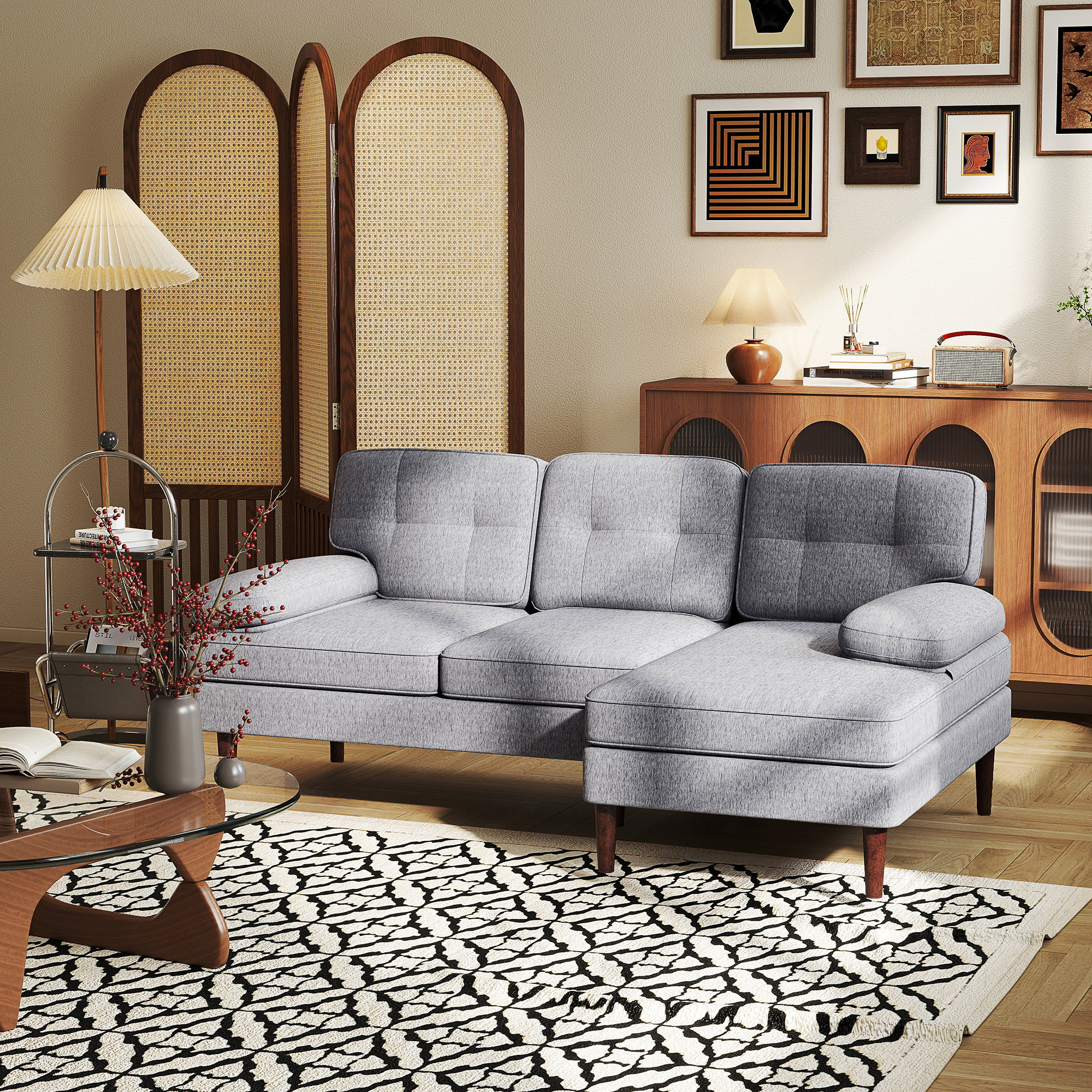 Modern Corner Couch with Right Chaise Lounge, Tufted 3-Seater Sofa with Wooden Legs for Living Room, Grey - Image 6