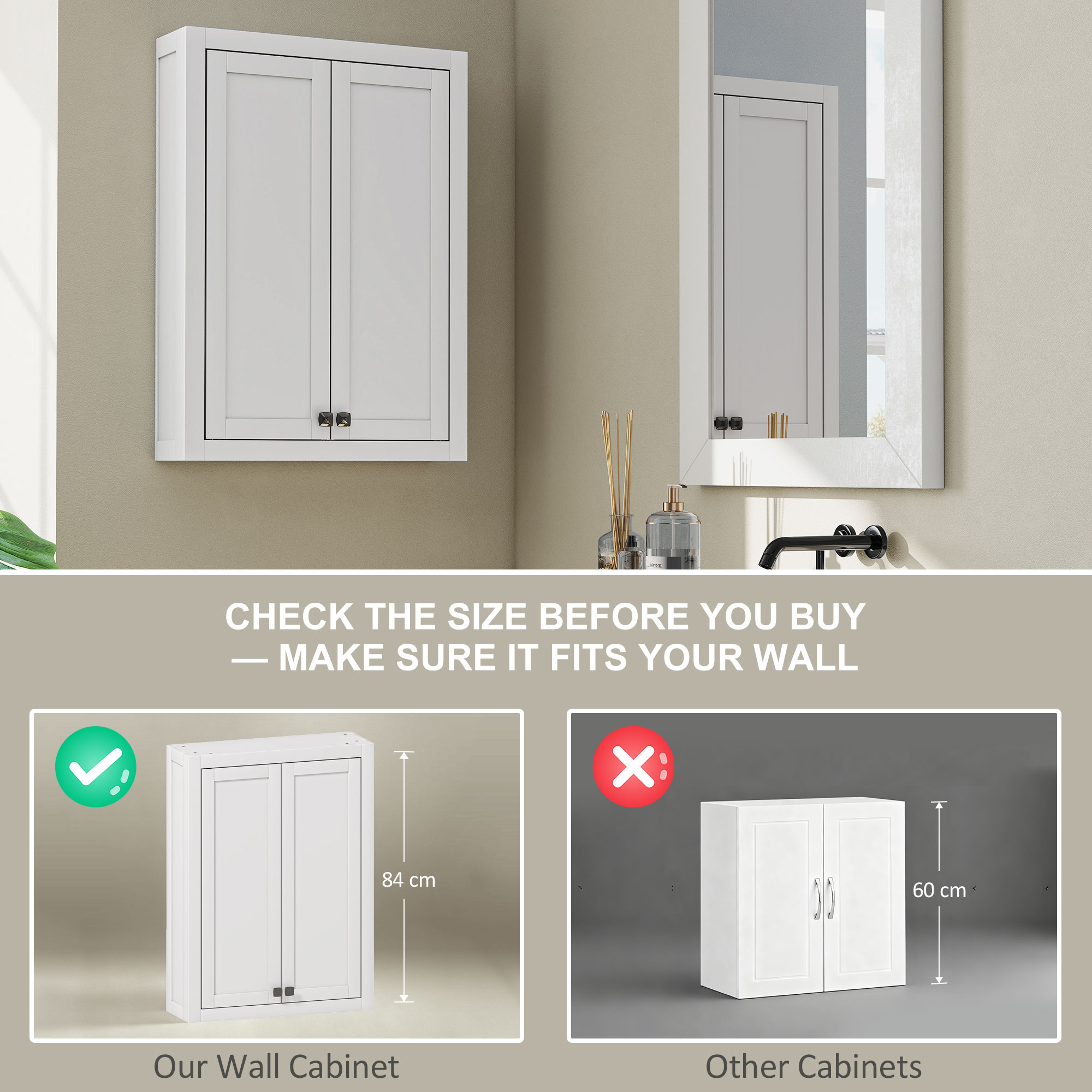 Bathroom Cabinet Wall Mounted, Modern Bathroom Wall Cabinet with 2 Doors and 2 Adjustable Shelves, White - Image 2