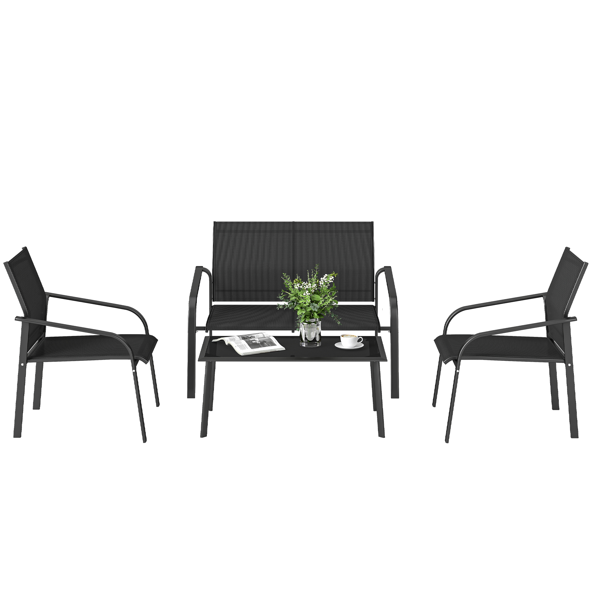4 Piece Patio Furniture Set, Outdoor Conversation Set with Deep Seat, Loveseats, Armchairs, Glass-Top Table, Black