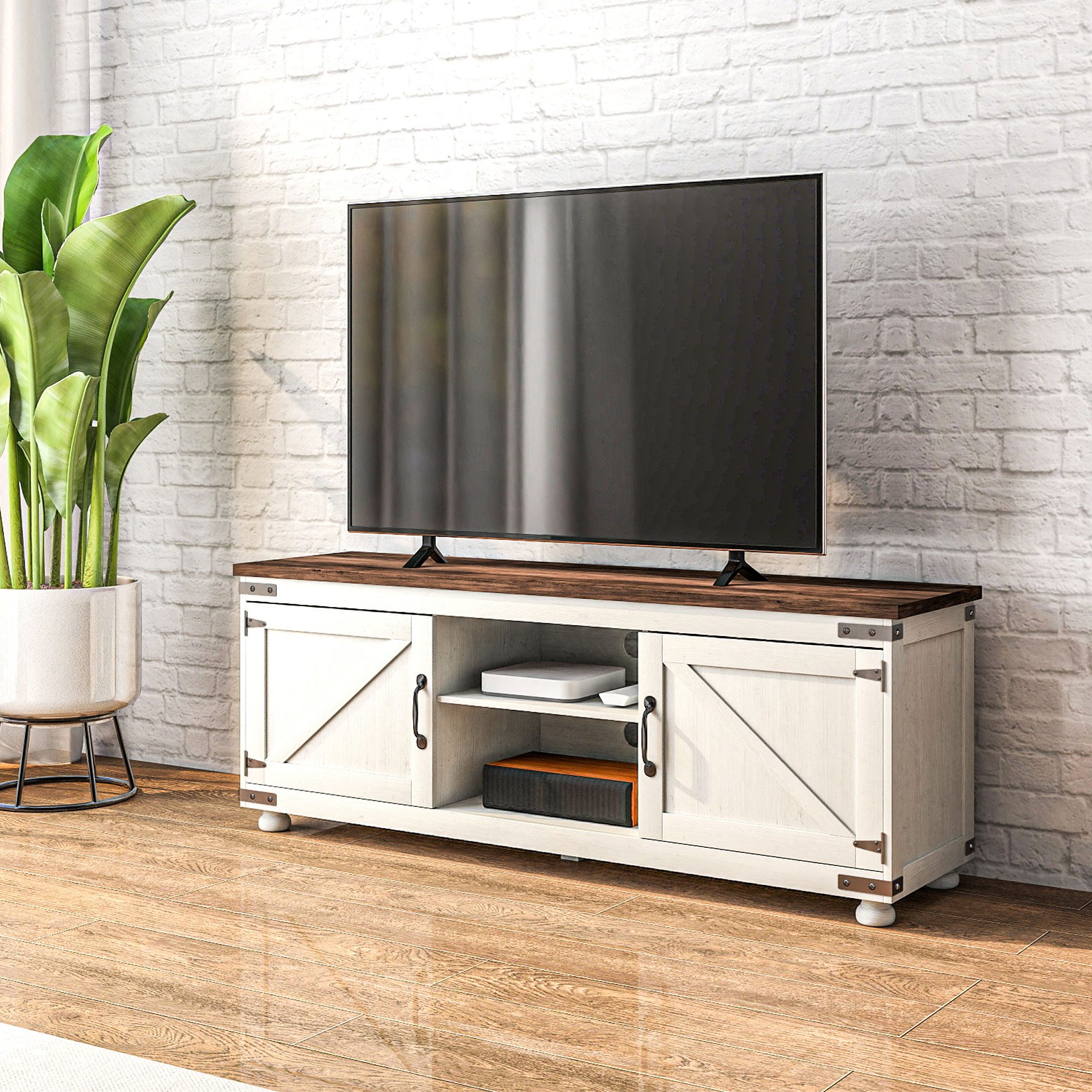 Farmhouse TV Stand Small Minimalist Barn Doors Cable Management for 65" TV Small Space Apartment Distressed White - Image 6
