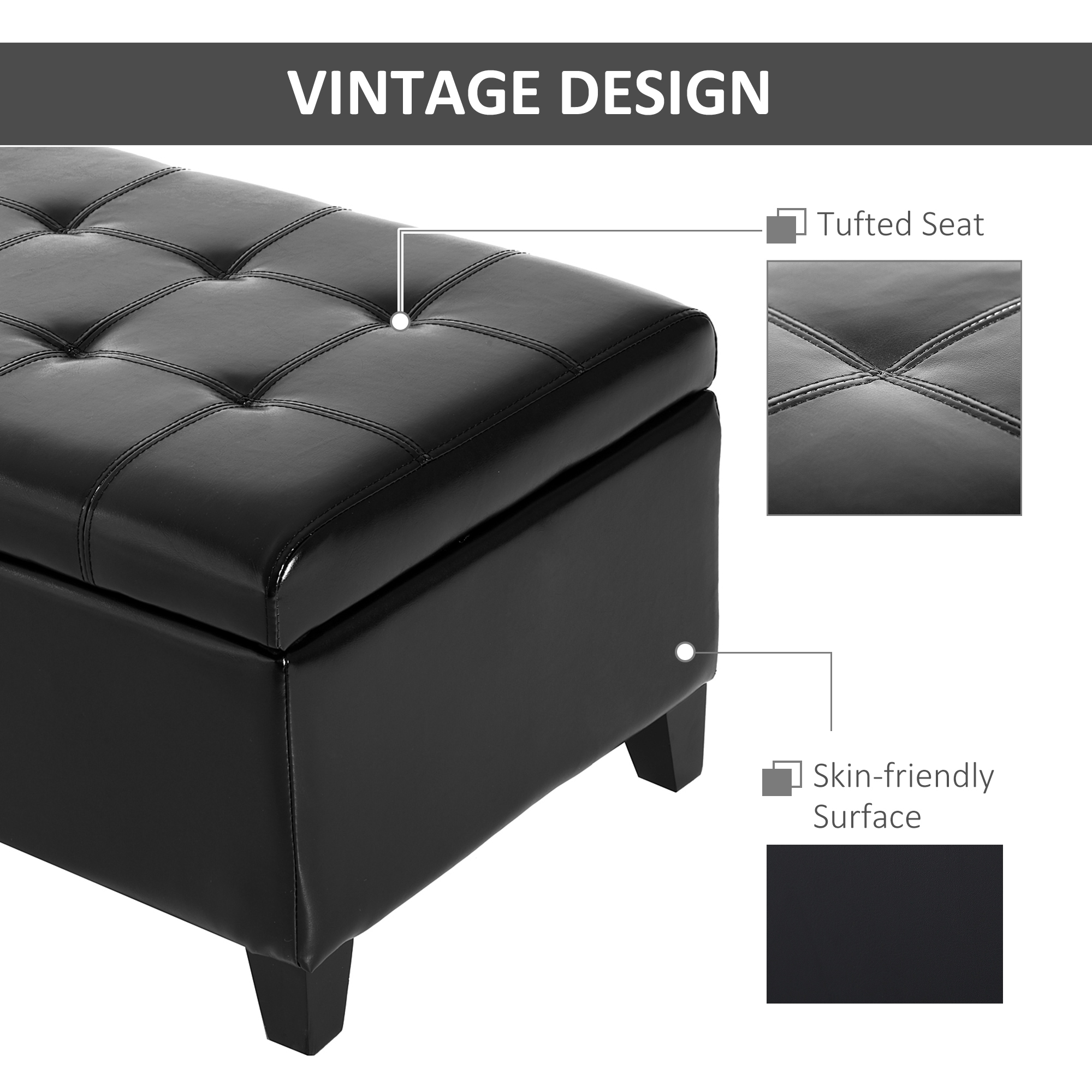 Storage Ottoman Bench, Foot Rest with Solid Wood Legs, 51 Inches PU Leather Storage Chest for Living Room, Black - Image 4