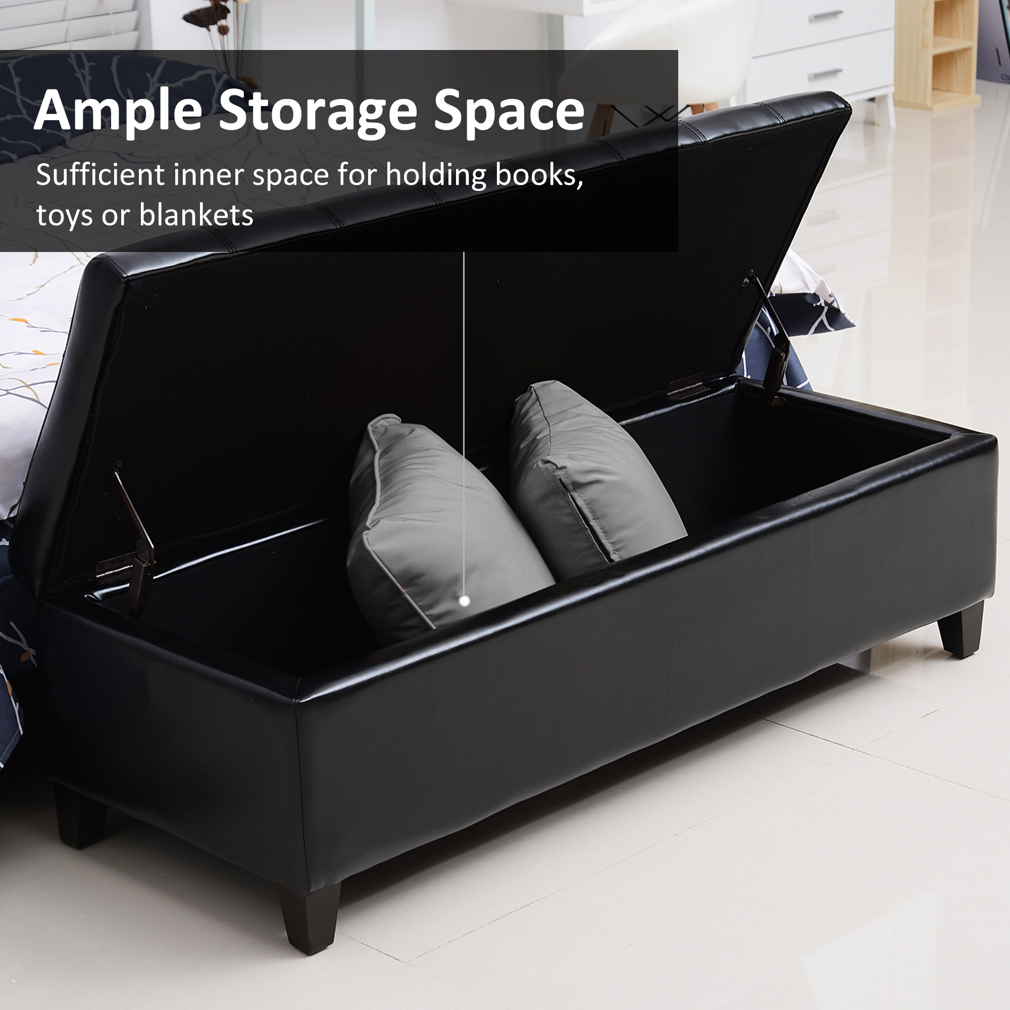 Storage Ottoman Bench, Foot Rest with Solid Wood Legs, 51 Inches PU Leather Storage Chest for Living Room, Black - Image 2