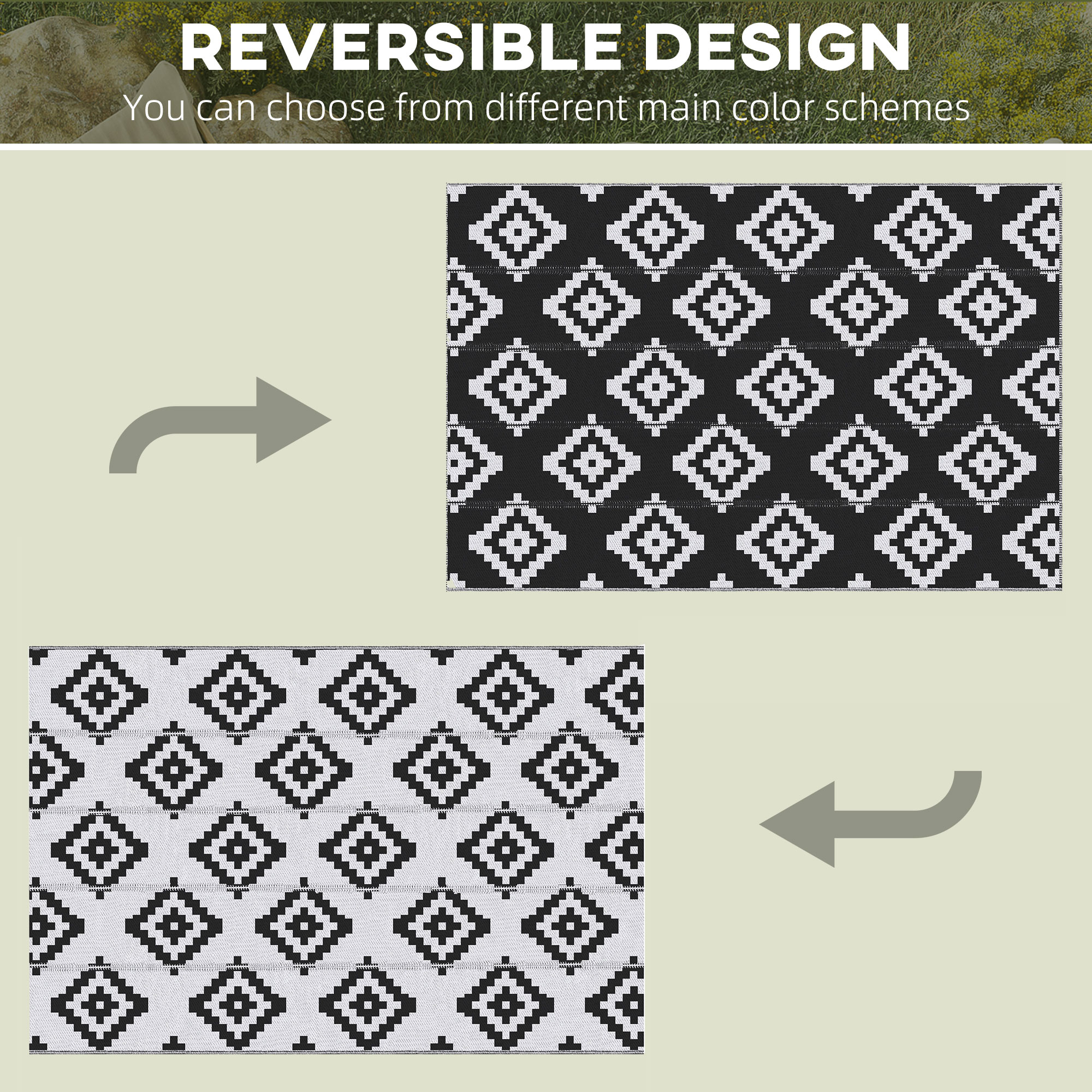 Reversible Outdoor RV Rug, Patio Floor Mat, 6' x 9' Plastic Straw Rug for Backyard, Deck, Beach, Camping, Black & White - Image 4