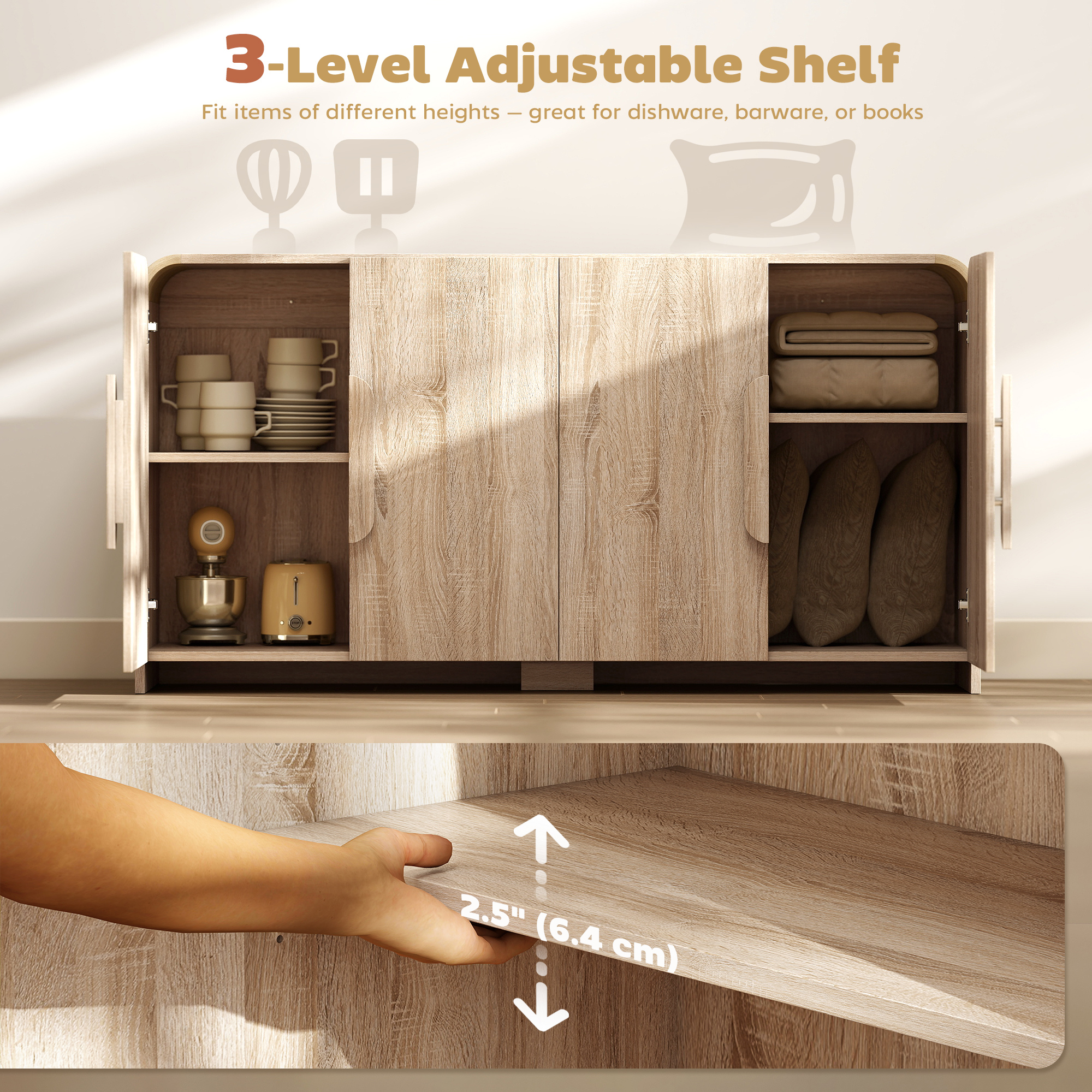 Sideboard Buffet Cabinet, 62" Modern Kitchen Storage Cabinet with Soft-Close Doors and Adjustable Shelves, Natural Wood - Image 3