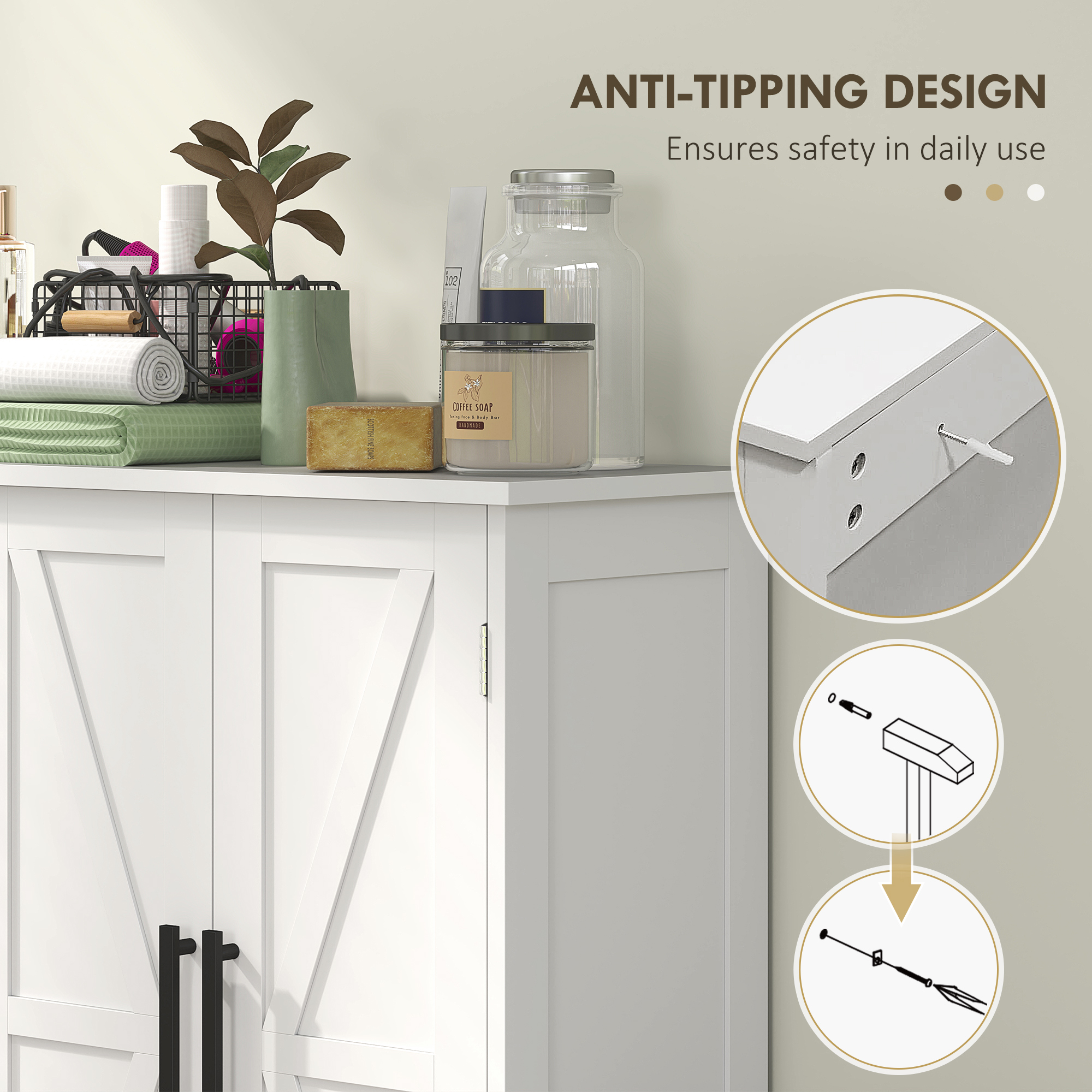 Bathroom Floor Cabinet, Farmhouse Bathroom Storage Cabinet with Adjustable Shelf, White - Image 5