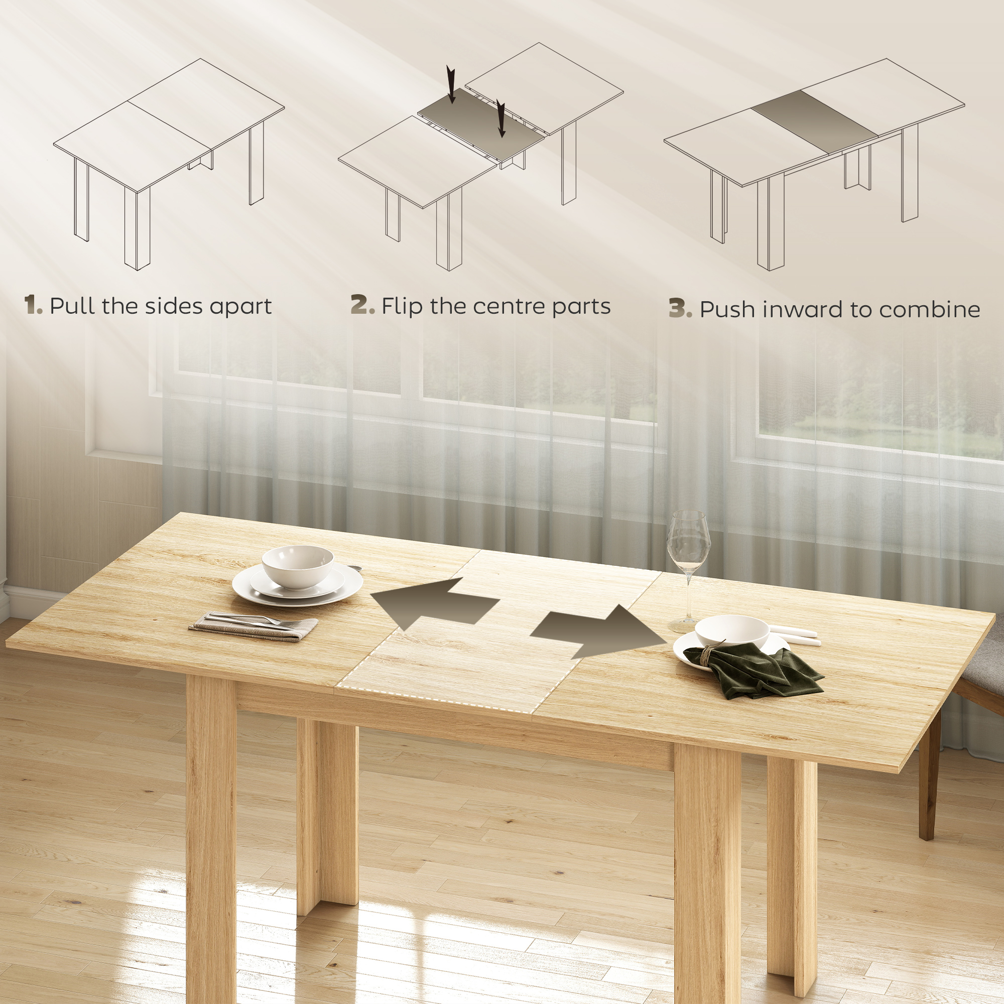Modern Extendable Dining Table, 55.1 x 31.5 in, for 6-8 People, Expandable Dining Table for Kitchen, Natural Wood - Image 3