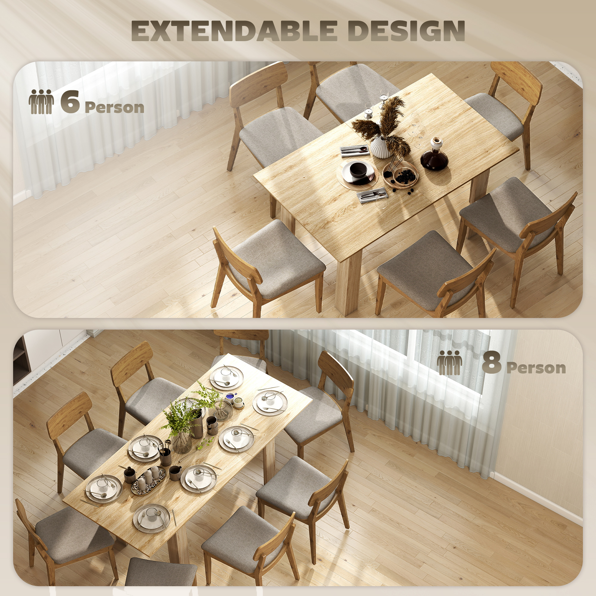 Modern Extendable Dining Table, 55.1 x 31.5 in, for 6-8 People, Expandable Dining Table for Kitchen, Natural Wood - Image 2