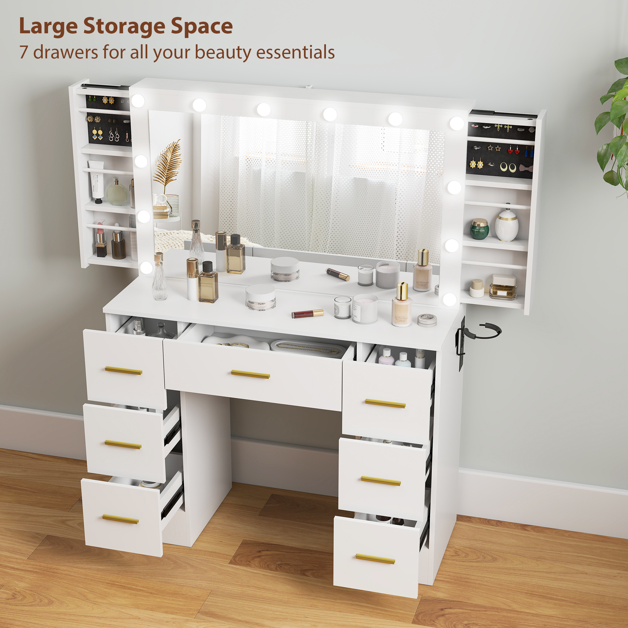 Makeup Vanity Desk with Mirror and Lights, Dressing Table with 7 Drawers, 6 Hidden Sliding Storage Compartments, White - Image 4