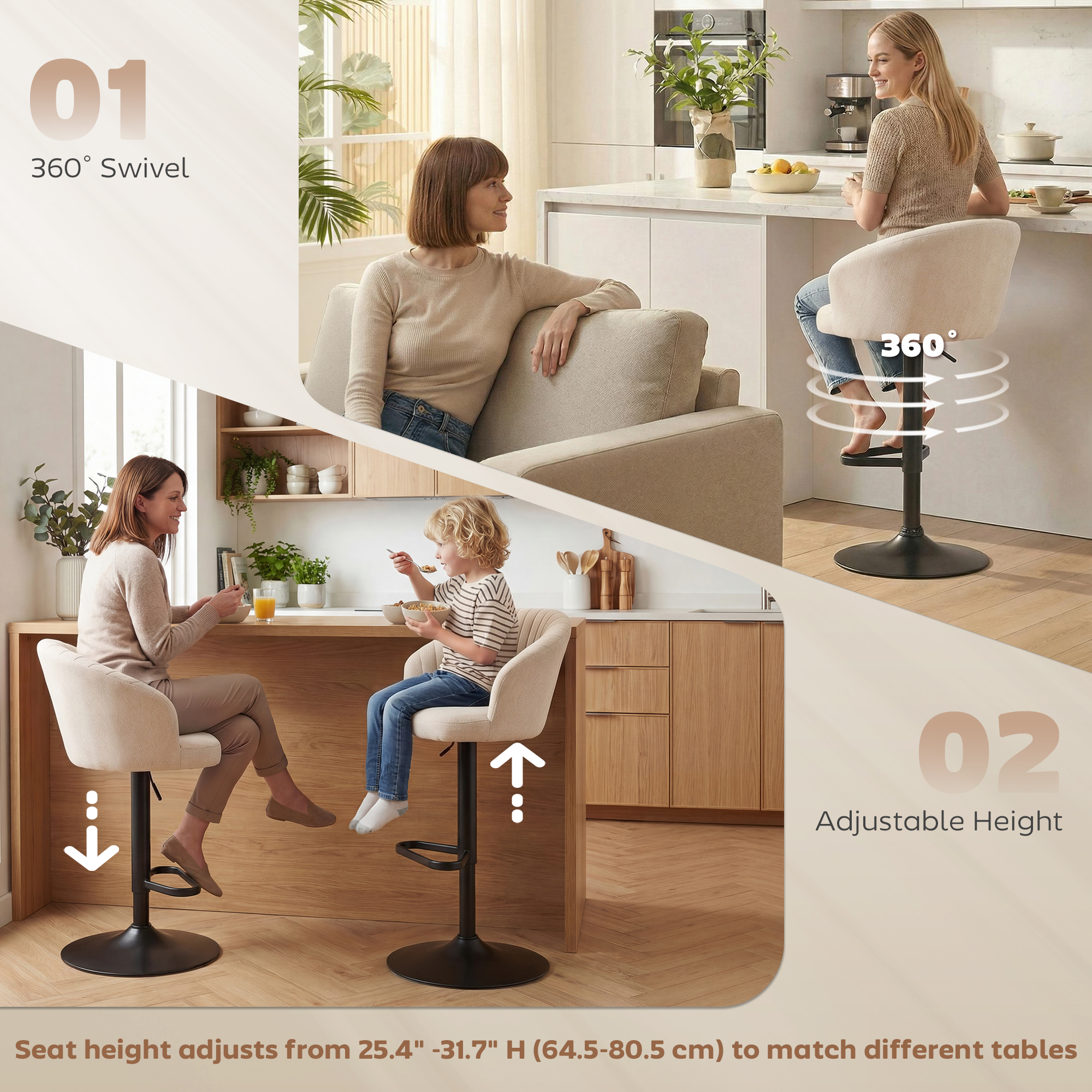 Bar Stools Set of 2, Swivel Counter Height Barstools with Back, Footrest, Adjustable Height, Beige - Image 3
