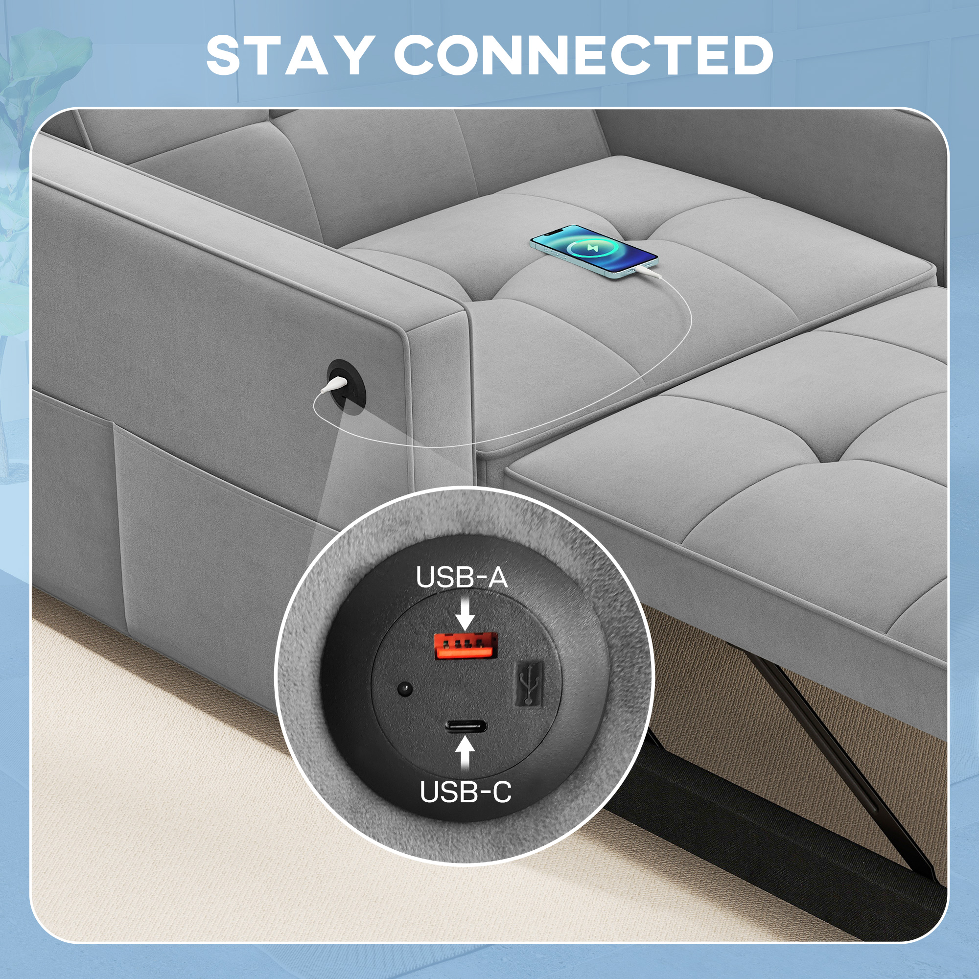 Convertible Chair Bed, Pull Out Sleeper Chair with USB, Adjustable Backrest, Small Velvet Futon Sofa Bed, Grey - Image 4