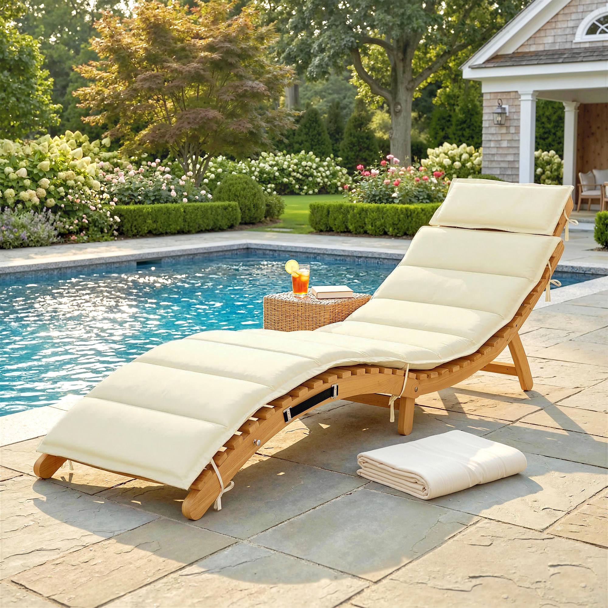 Folding Chaise Lounge Chair Outdoor, Acacia Wood Lounger Tanning Chair with Cushion, Headrest, Cream White - Image 6