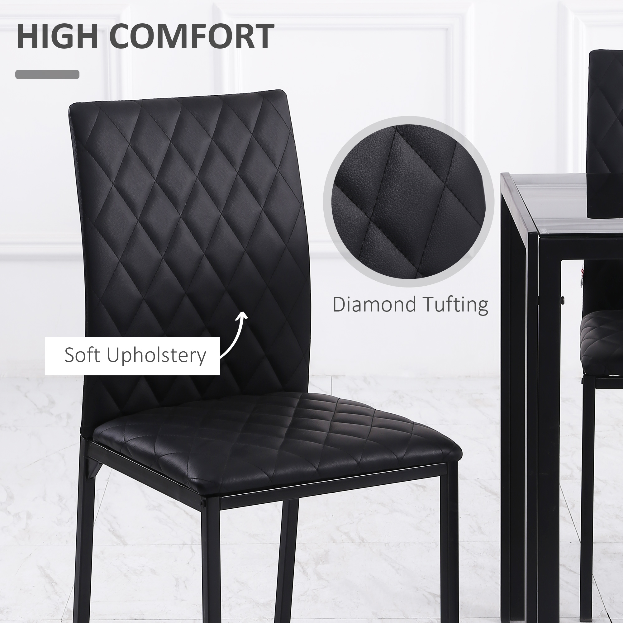 Modern Dining Chairs Set of 4, Upholstered Faux Leather Kitchen Chairs with Rhombic Tufting and Metal Legs for Living Room, Black - Image 3